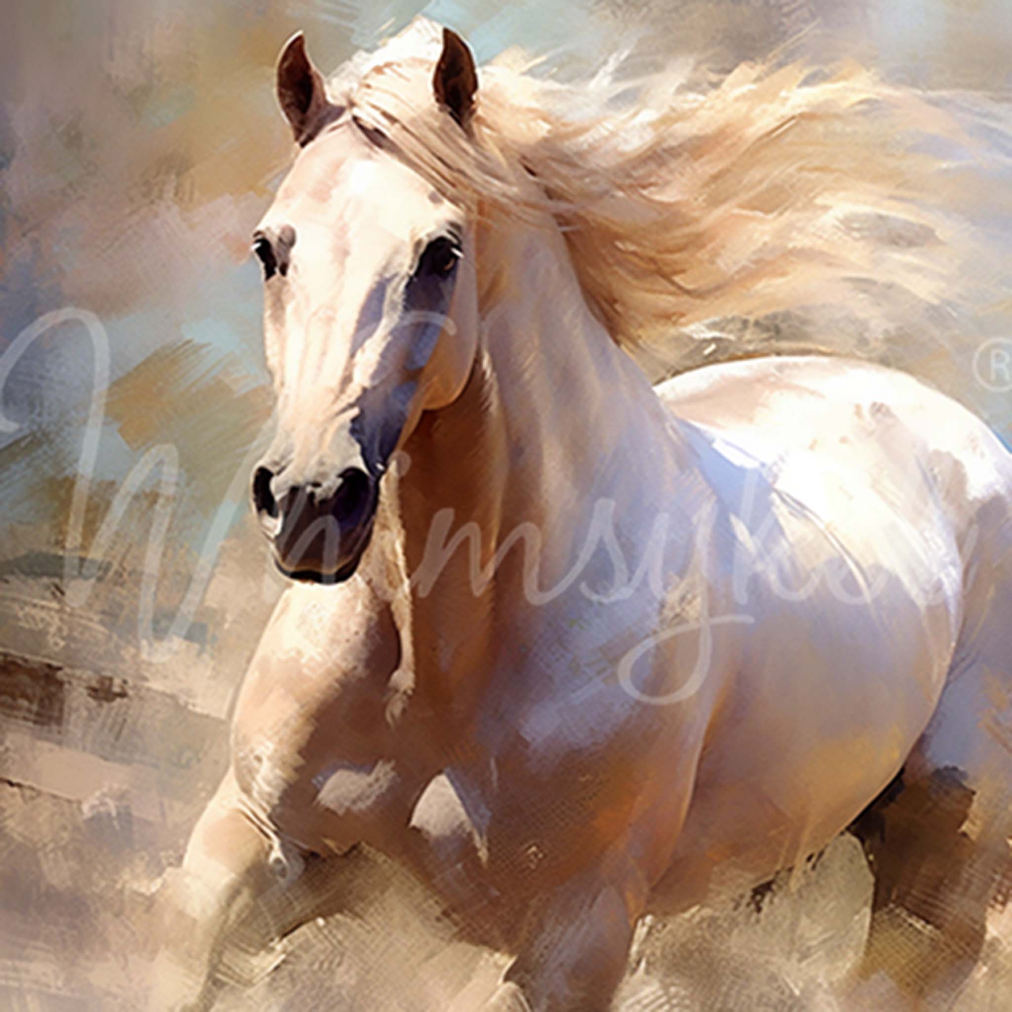 Close-up of a tissue paper design that features a painting of a beautiful white horse in full gallop with its mane blowing in the wind.