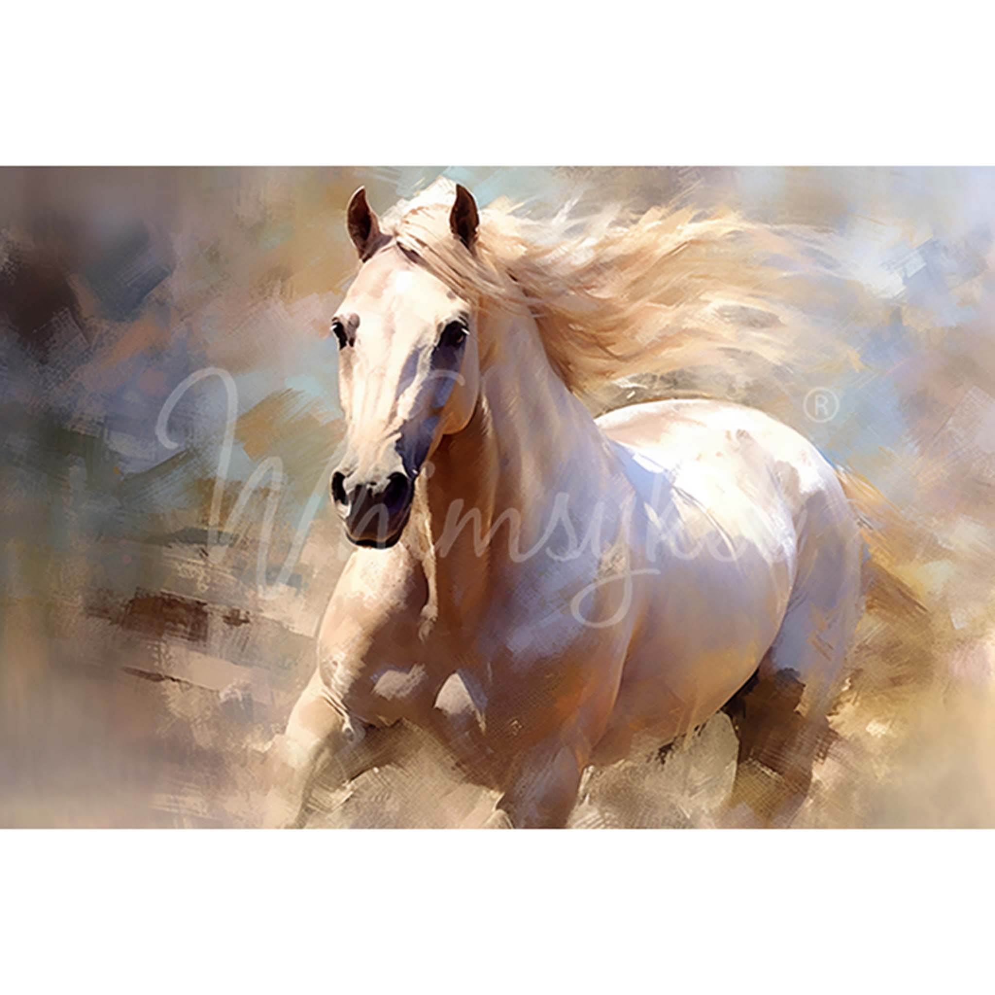 Tissue paper design that features a painting of a beautiful white horse in full gallop with its mane blowing in the wind. White borders are on the top and bottom.