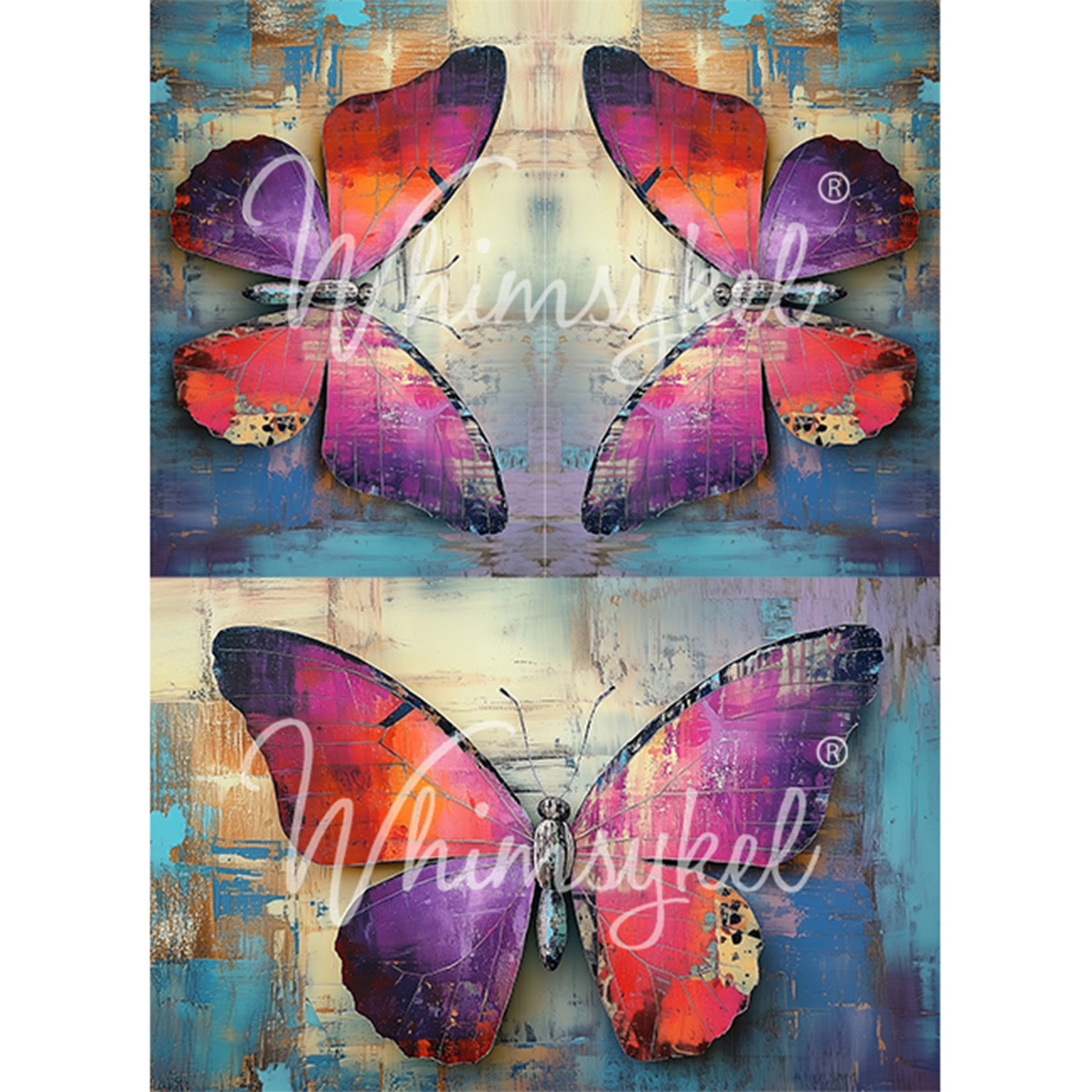 Tissue paper featuring 3 same designs, 1 large and 2 small, of pink and purple collage butterflies against a blue and cream grunge patchwork background.