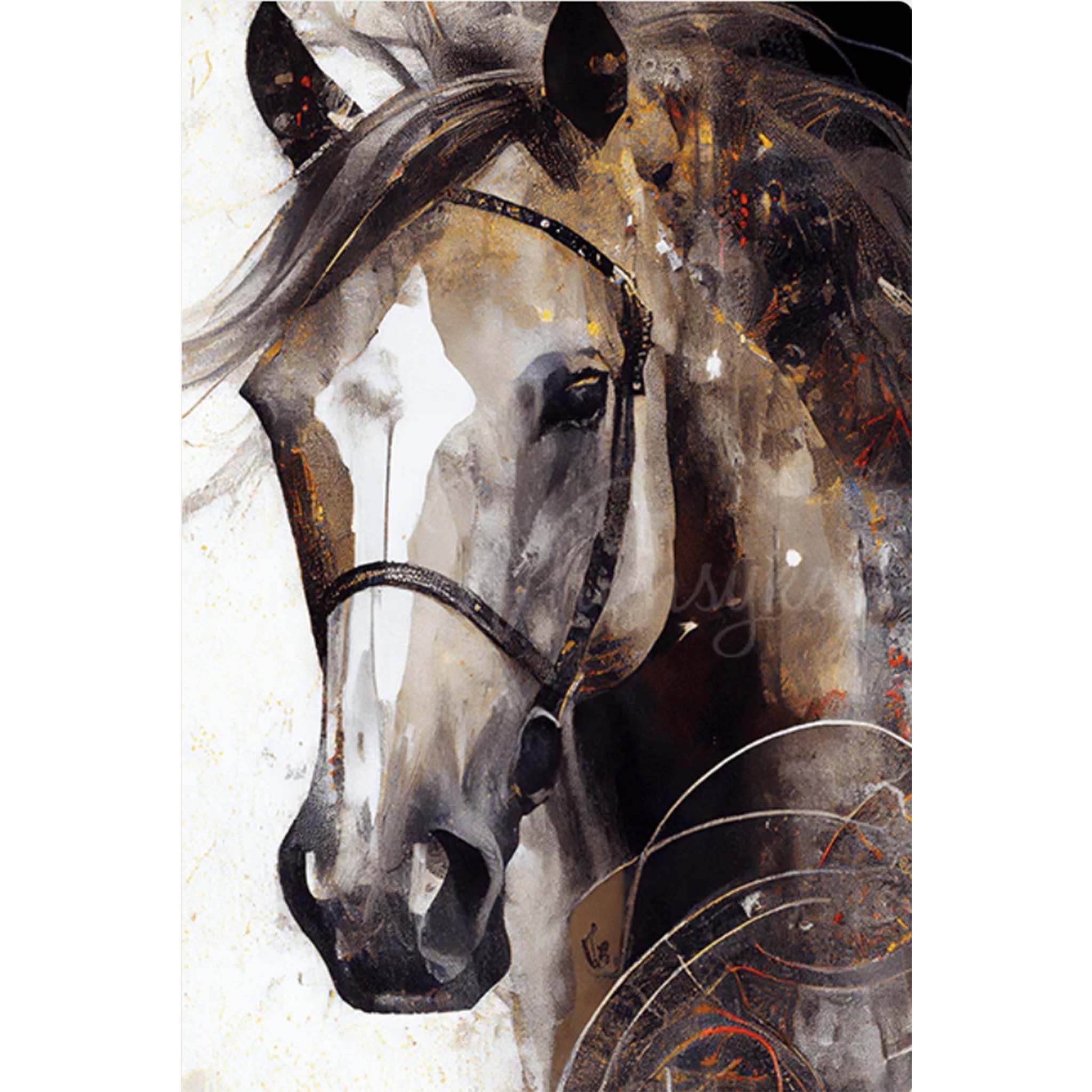 Tissue paper design that features a colorful, carefree portrait painting of a horse. White borders are on the sides.