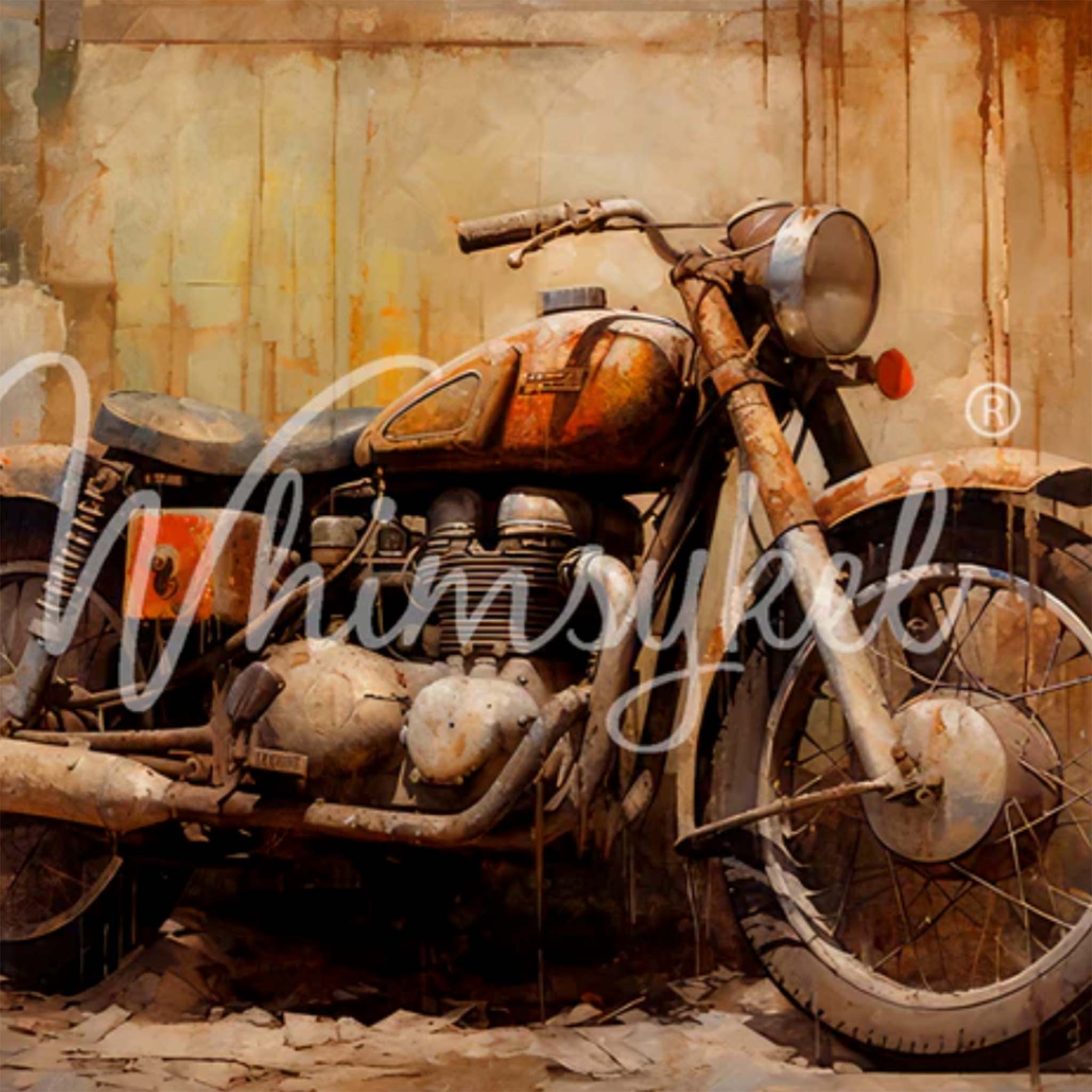 Close-up of a tissue paper design that features a vintage motorcycle with fading paint against a concrete wall. 