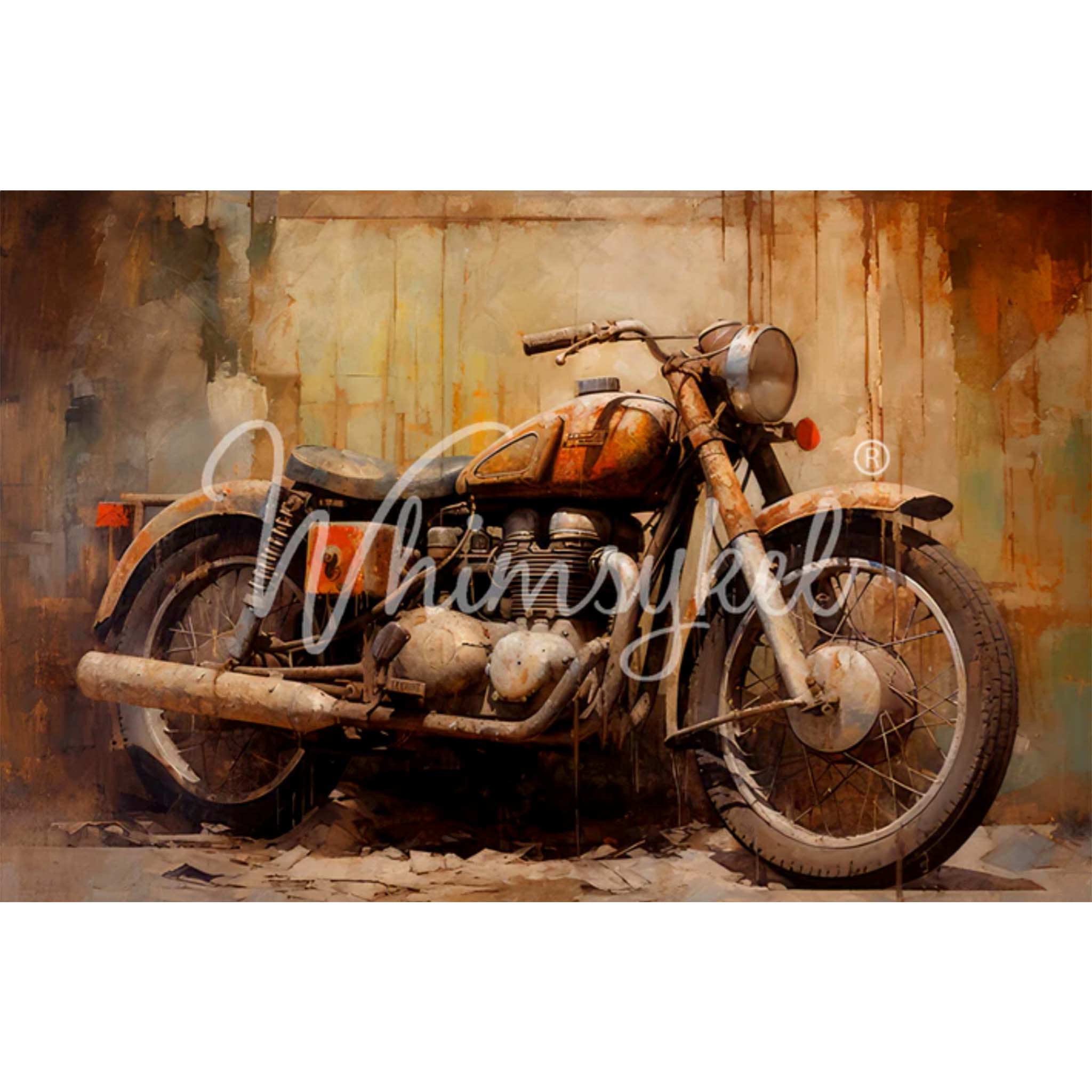 Tissue paper design that features a vintage motorcycle with fading paint against a concrete wall. White borders are on the top and bottom.
