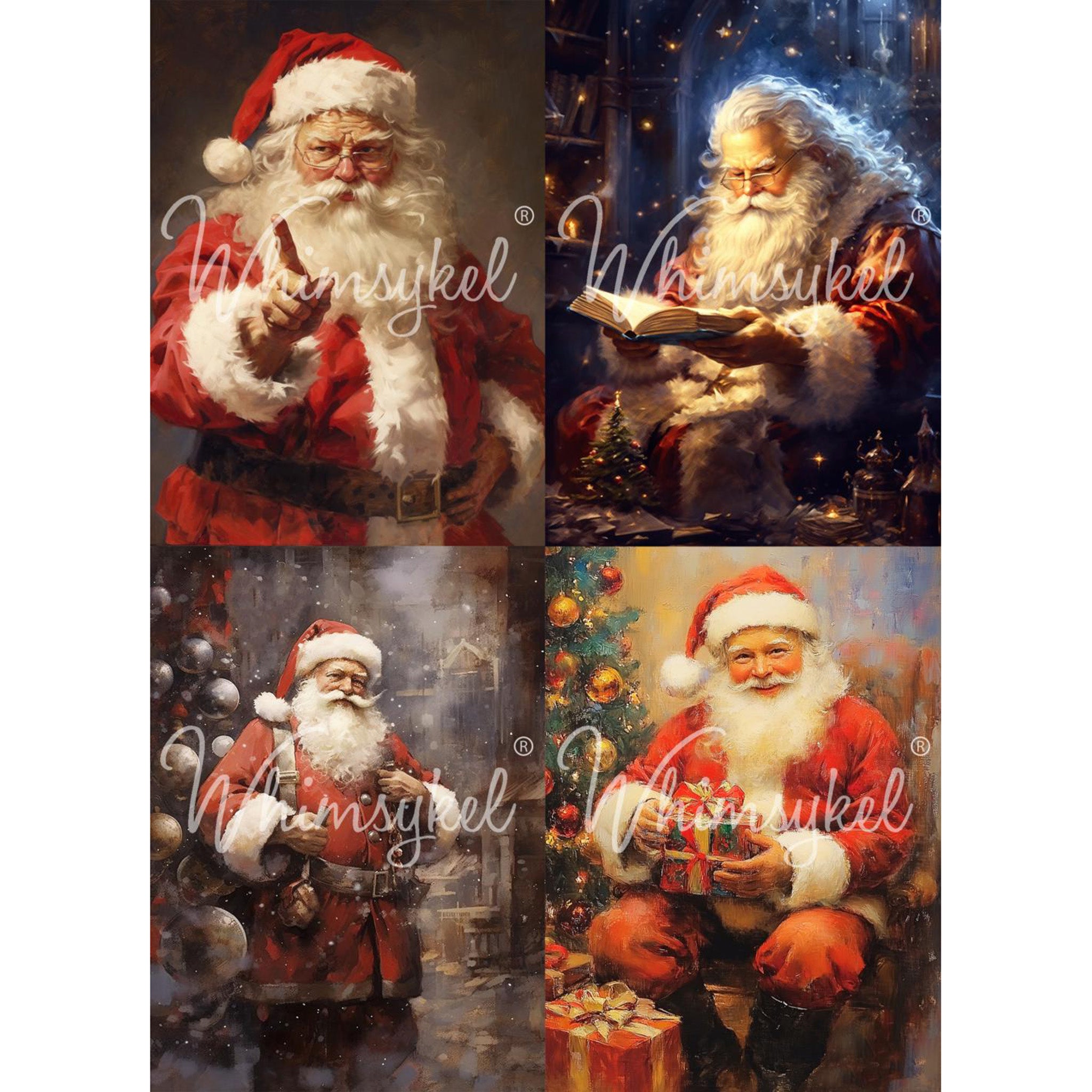 Tissue paper design that features four unique images of Santa Claus in festive Christmas scenes is against a white background.