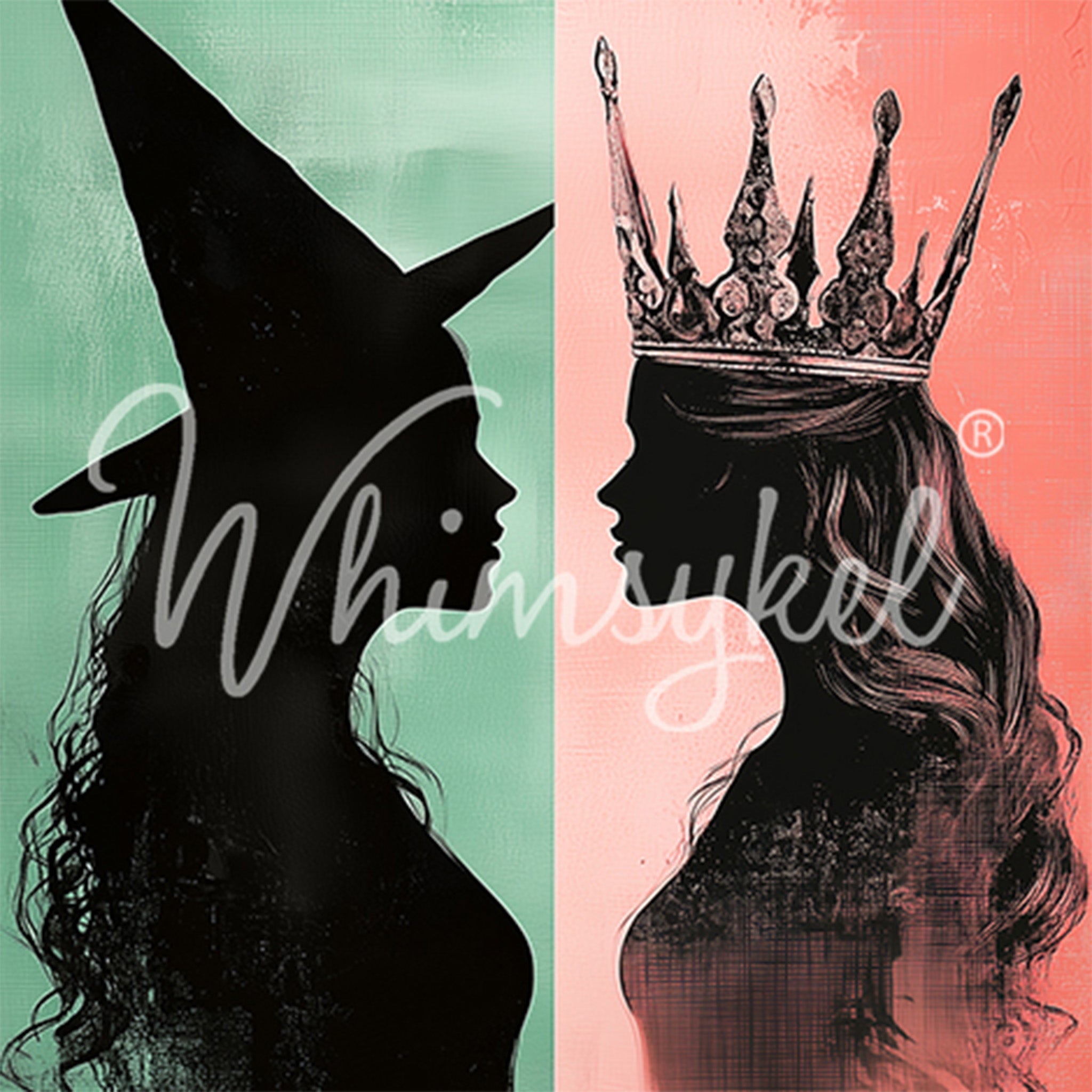 Close-up of a tissue paper design featuring portraits of a good witch and a bad witch, silhouetted against vibrant jade green and salmon pink backgrounds.