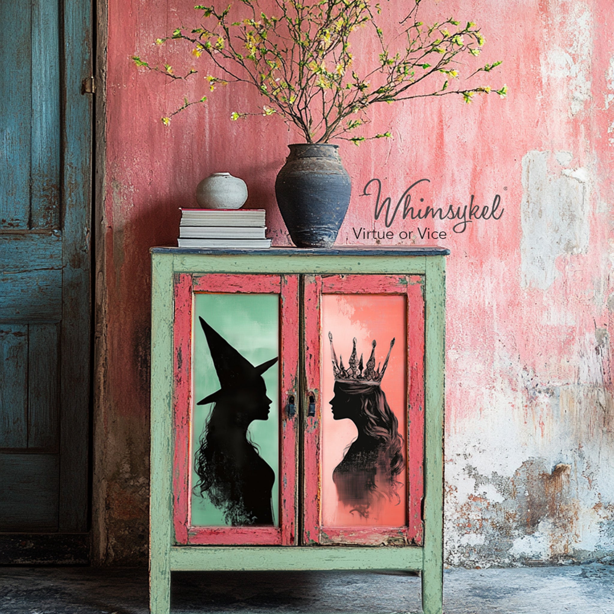 A vintage bar cabinet is painted jade green with salmon pink doors and features Whimsykel's Virtue or Vice on its 2 door inlays.