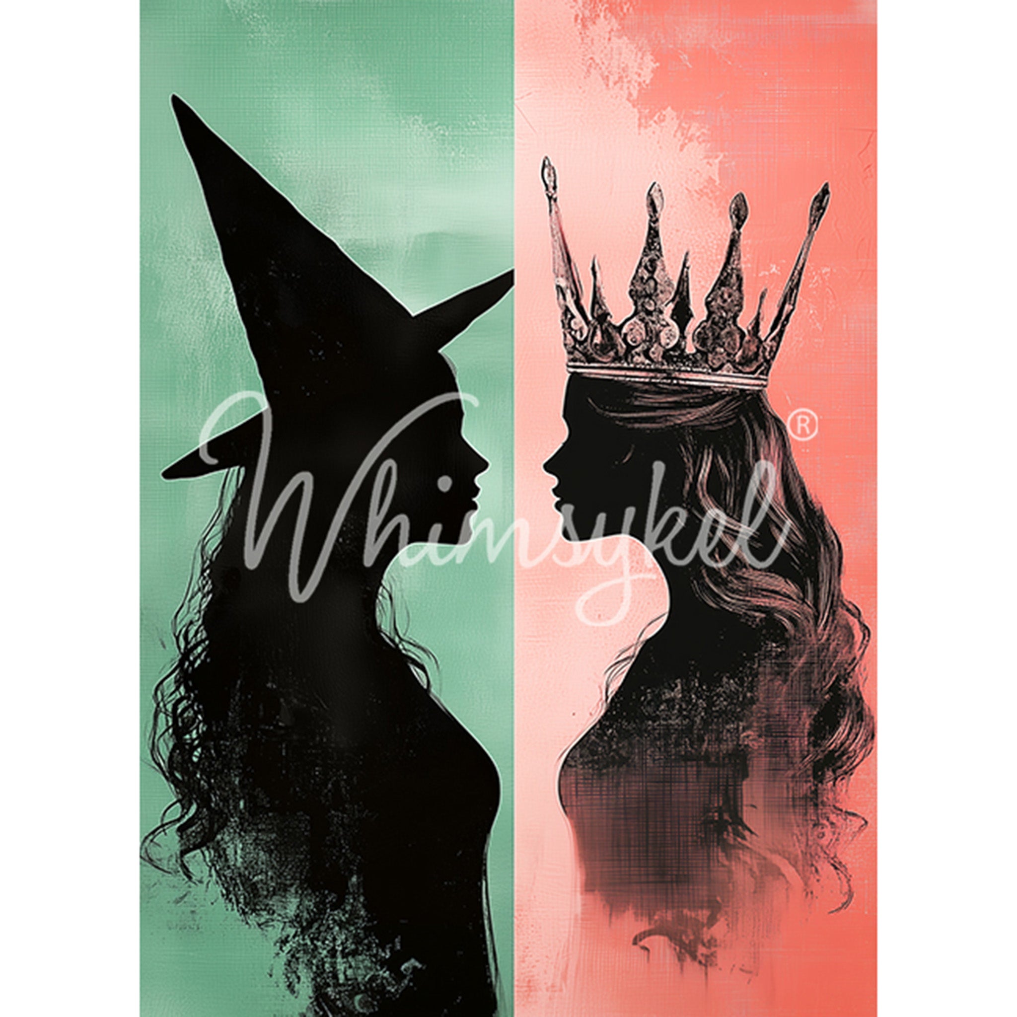 Tissue paper design featuring portraits of a good witch and a bad witch, silhouetted against vibrant jade green and salmon pink backgrounds. White borders are on the sides.