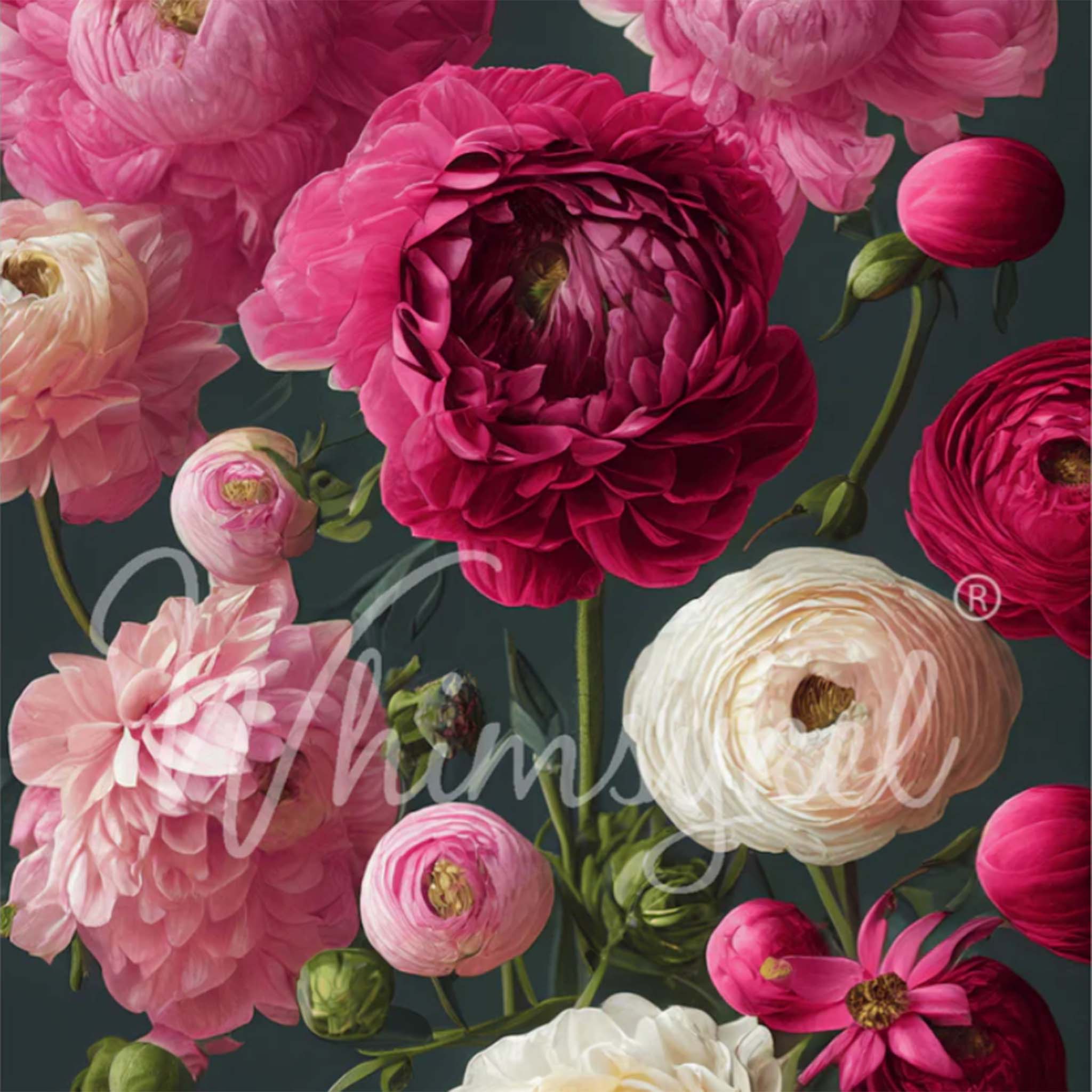 Close-up of a tissue paper featuring a charcoal background with blooming peonies in shades of fuchsia, soft pink, and cream.