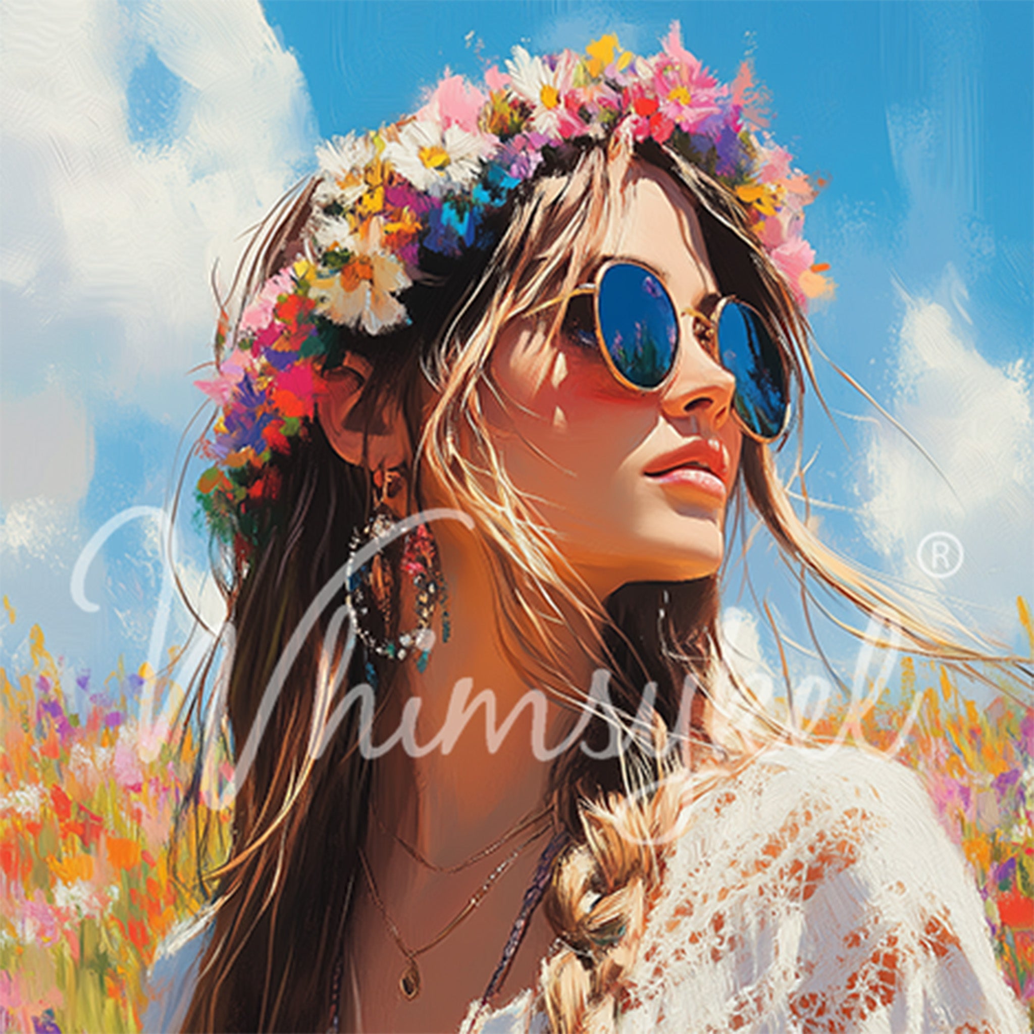 Close-up of a tissue paper featuring a bohemian flower child woman in sunglasses and floral crown surrounded by a sun-drenched field of flowers.