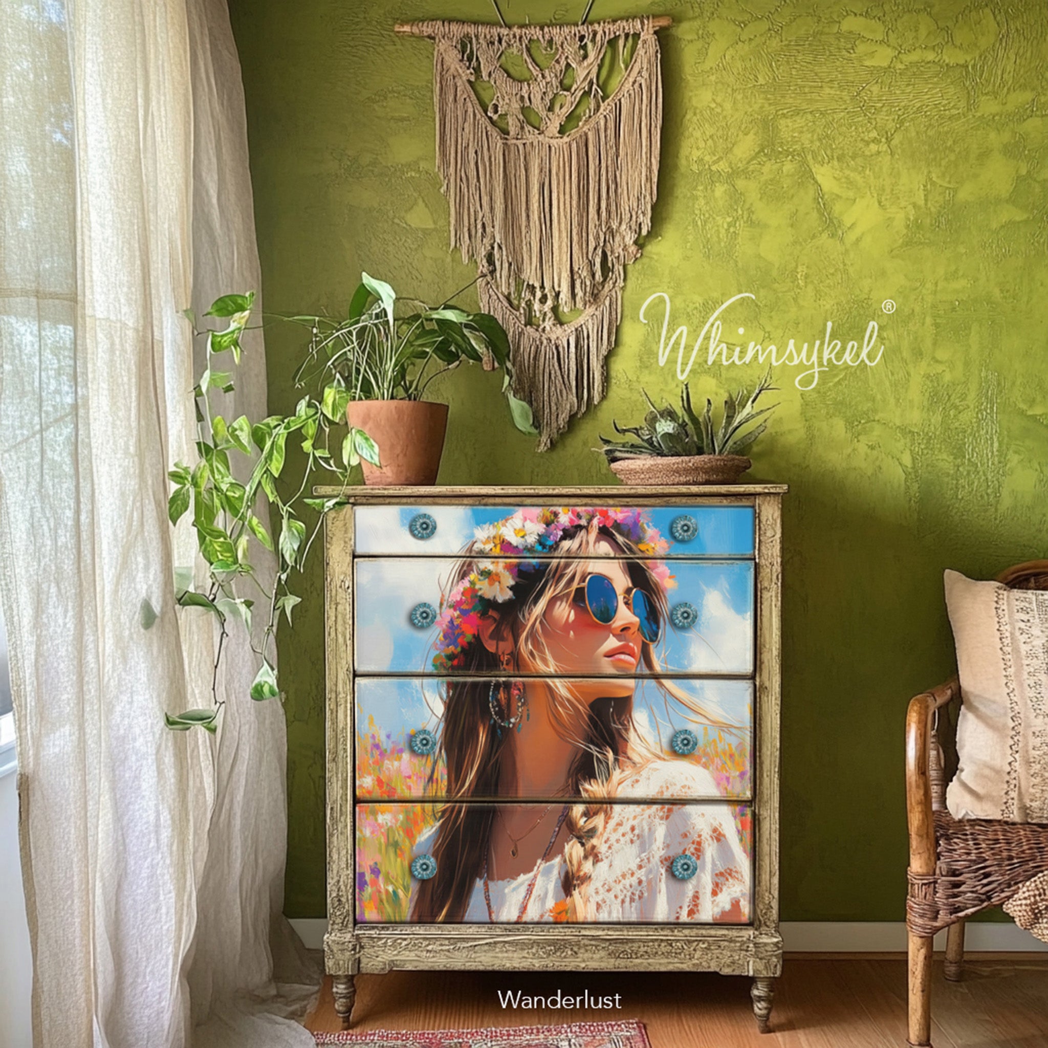 A vintage 4-drawer natural wood chest dresser features Whimsykel's Wanderlust tissue paper on the drawers.