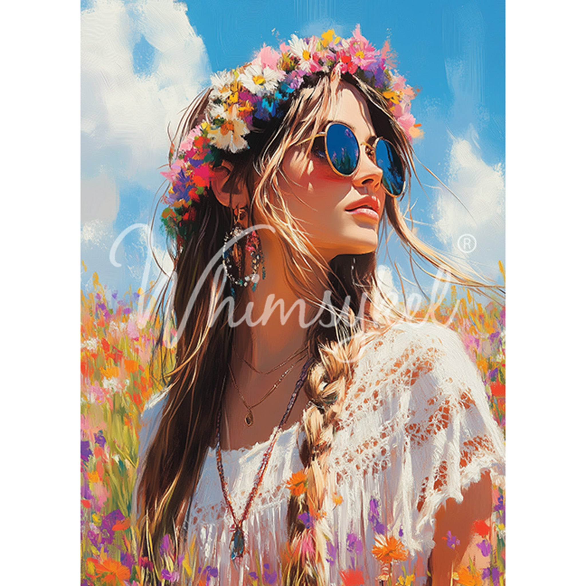 Tissue paper featuring a bohemian flower child woman in sunglasses and floral crown surrounded by a sun-drenched field of flowers. White borders are on the sides.