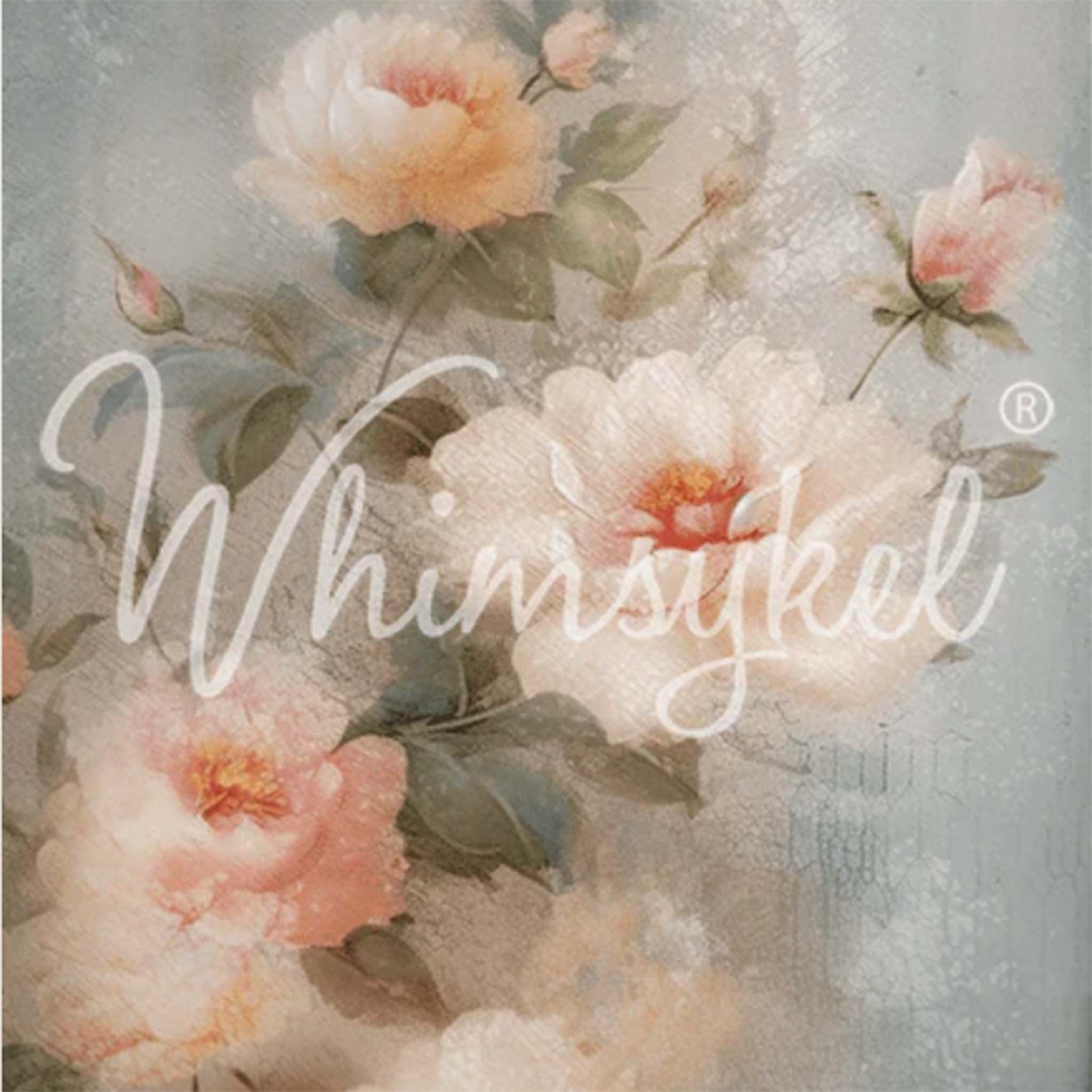 Close-up of a tissue paper design that features a beautifully aged painting of roses in soft, muted colors against a grey background.