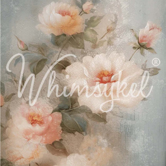 Whimsykel Weathered Roses decoupage tissue paper with soft vintage roses and muted blue gray background