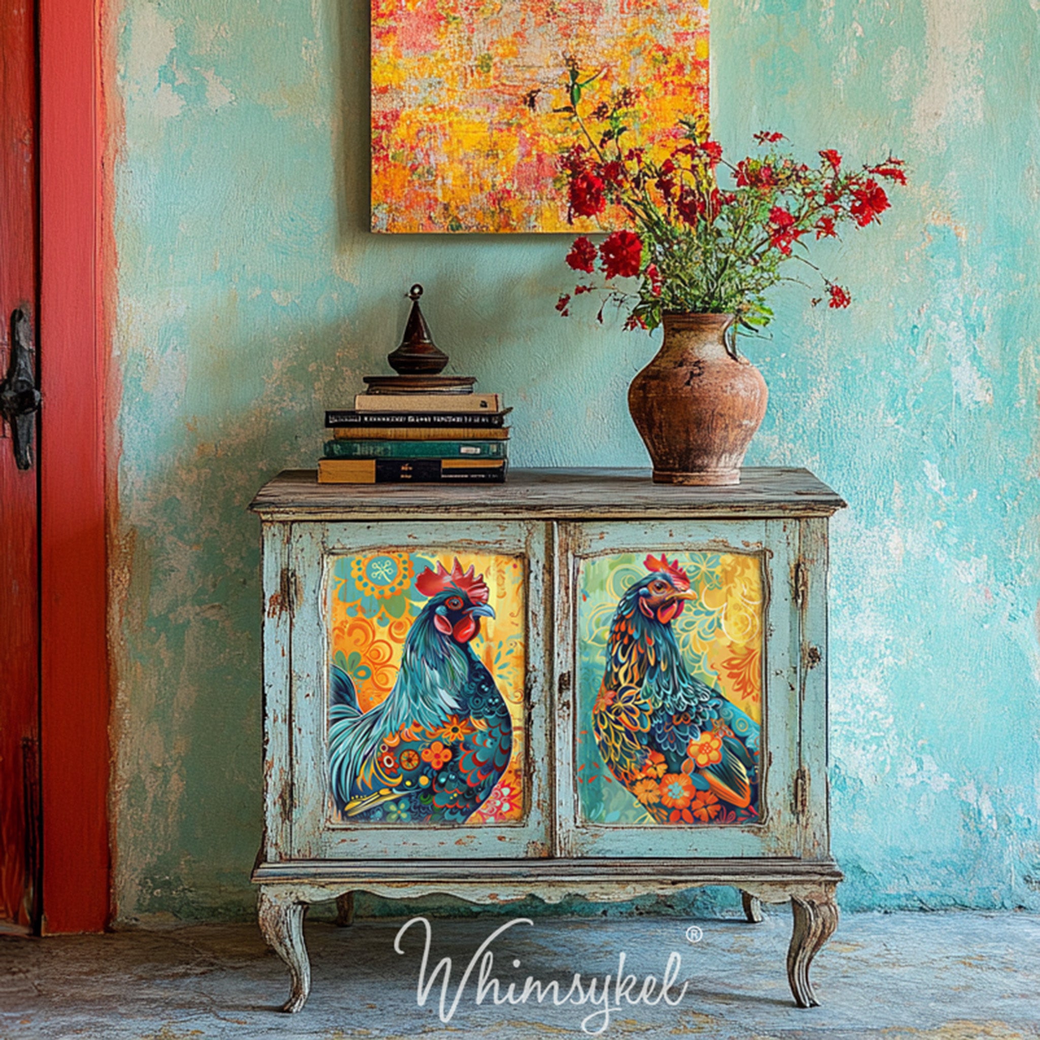 A vintage small console table with 2 doors is painted pale blue and is weathered and features Whimsykel's Whimsical Rooster Duo tissue paper on the door inlays.