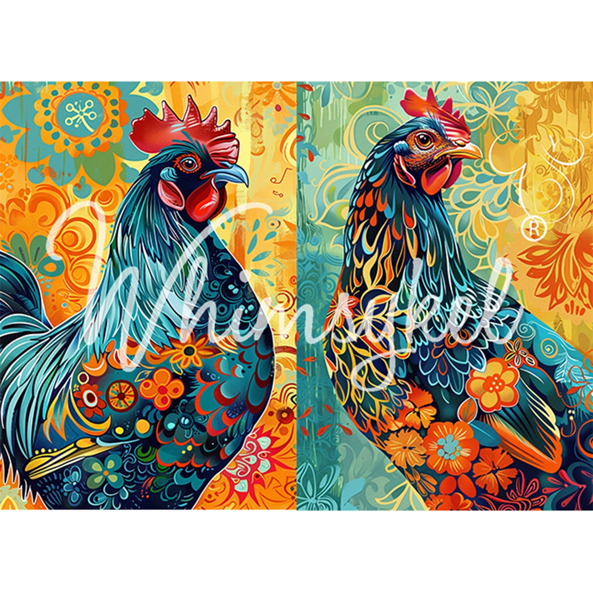 Tissue paper featuring 2 roosters with blue feathers and playful floral designs on them both against vibrant blue and orange floral backgrounds. White borders are on the top and bottom.