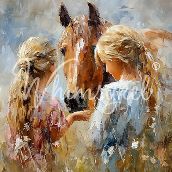 Painting of two people interacting with a horse in a natural setting