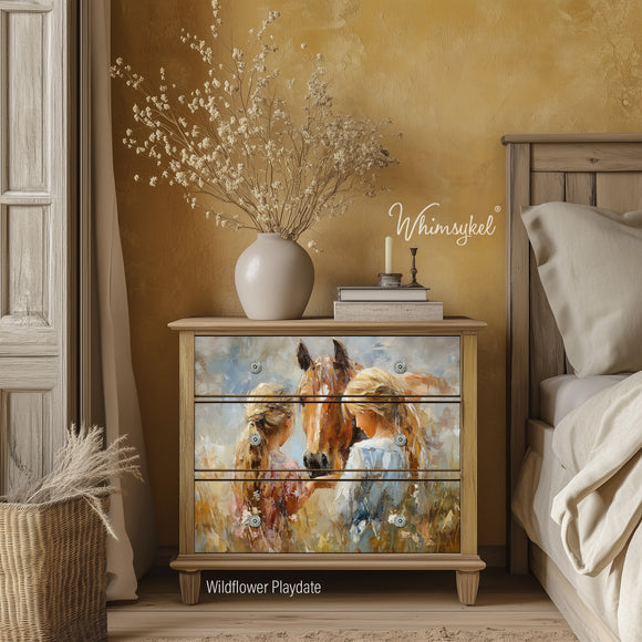 Wooden dresser with horse design in a bedroom setting, featuring the Whimsykel brand.