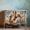 Decorative dresser with artwork of two girls and a horse, branded 'Whimsykel'.