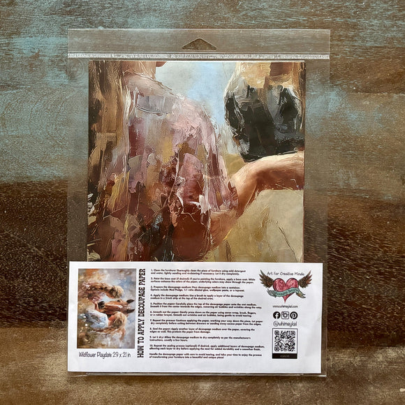 Product packaging with a horse illustration and application guide on a textured surface