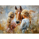 Painting of two people sitting with a horse in a field