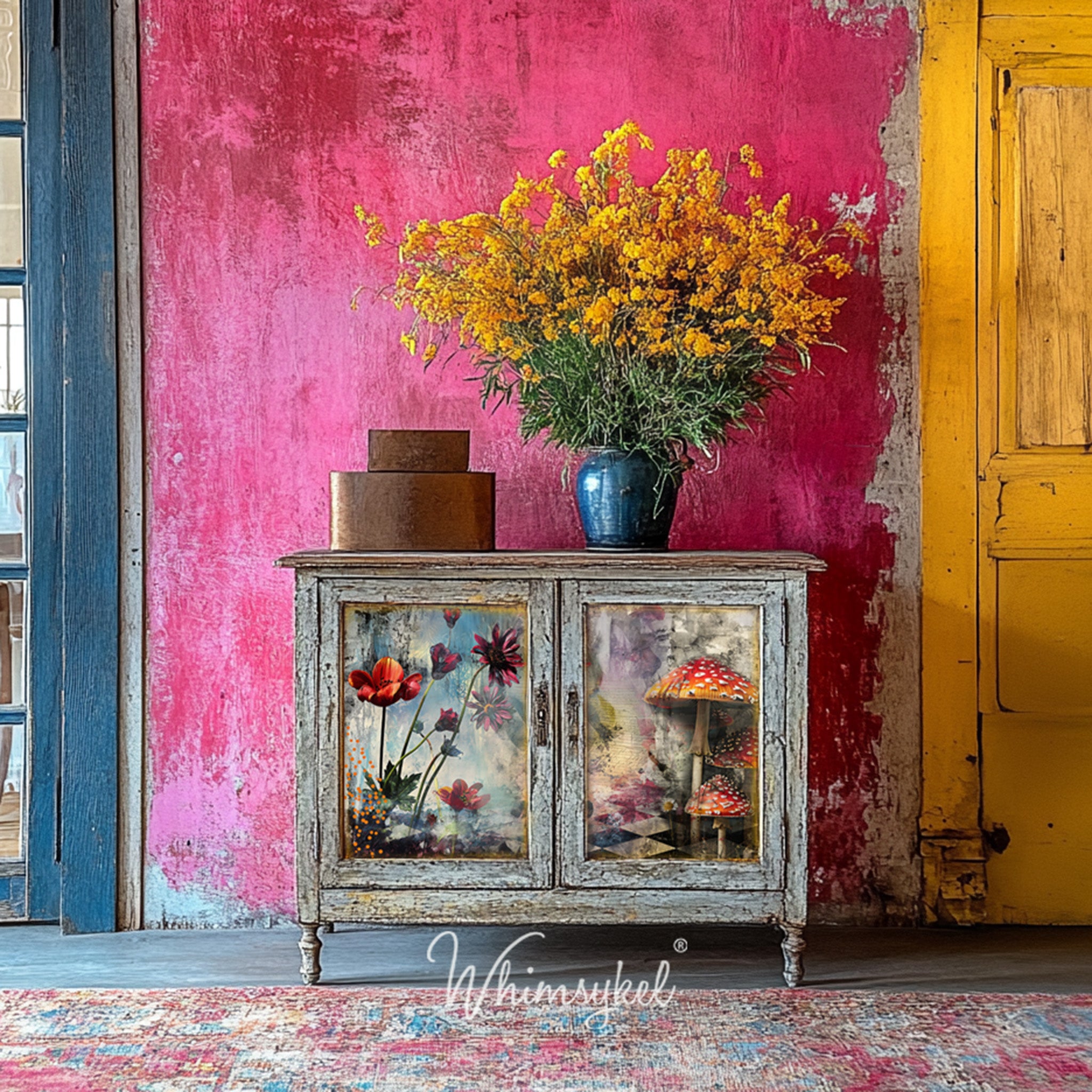 A vintage small buffet cabinet features Whimsykel's Wonderland tissue paper on its 2 door inlays.