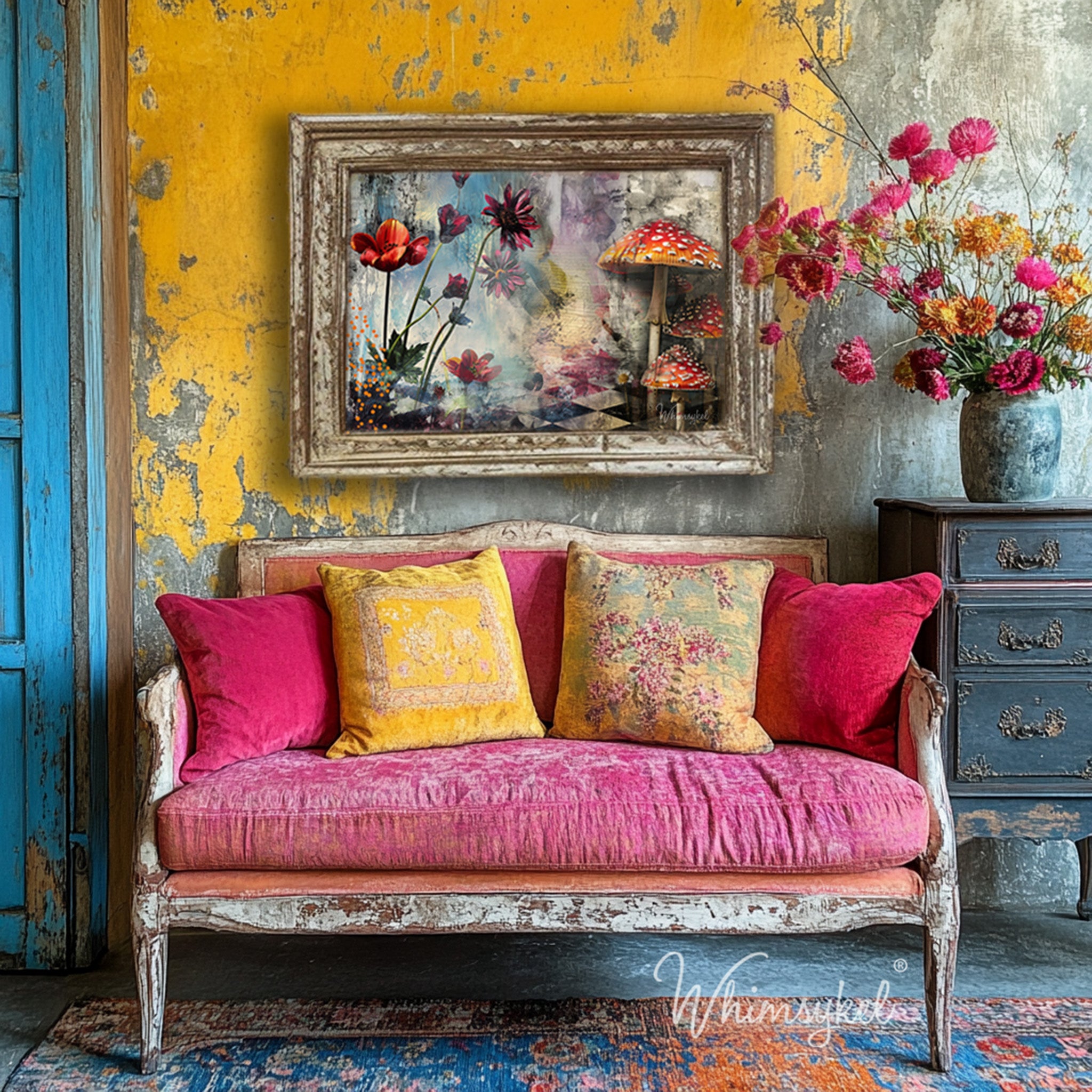 A wood picture frame featuring Whimsykel's Wonderland tissue paper is hanging on a chipped yellow painted wall above a vintage couch.