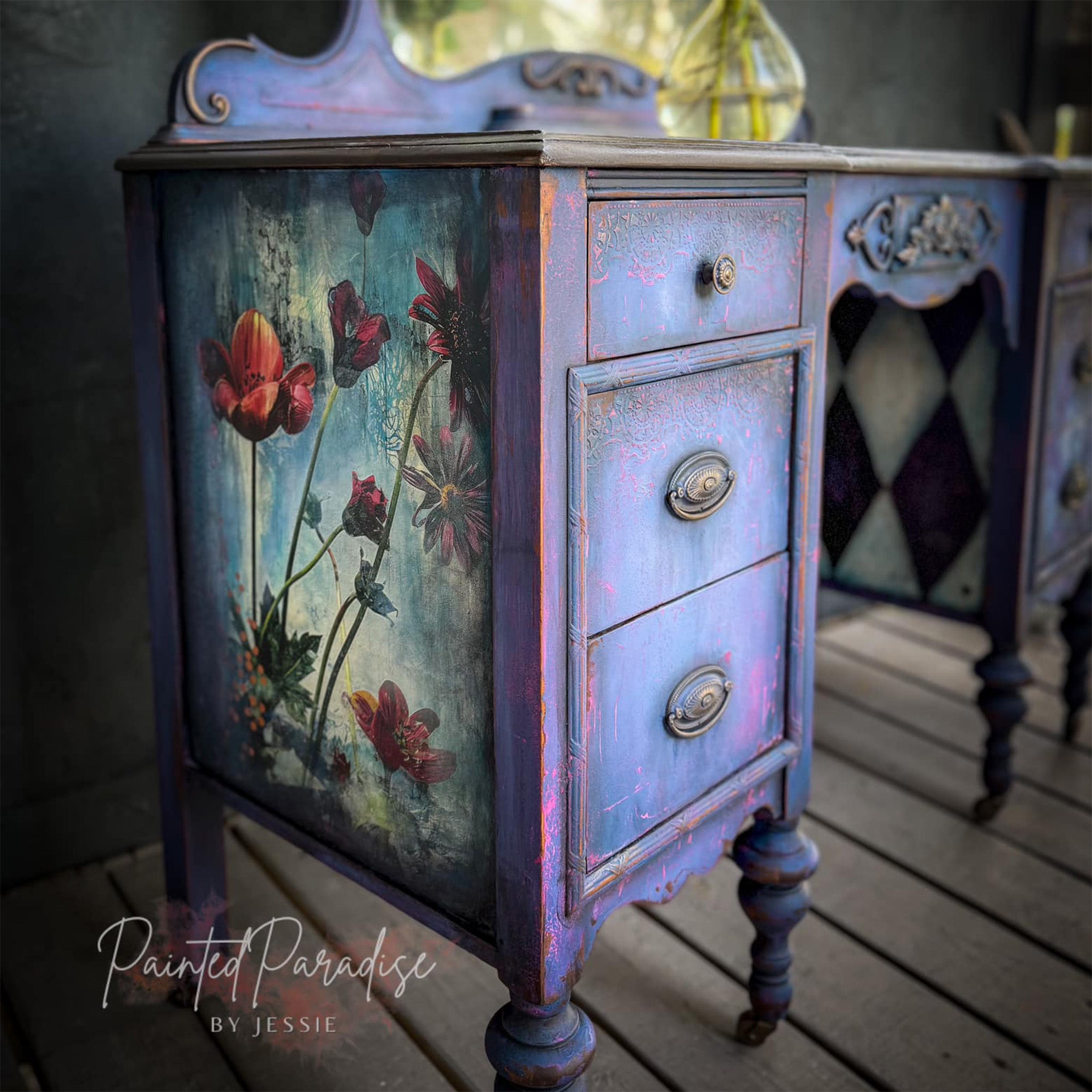 A vintage desk refurbished by Painted Paradise by Jessie is painted purple and features Whimsykel's Wonderland tissue paper on the side.