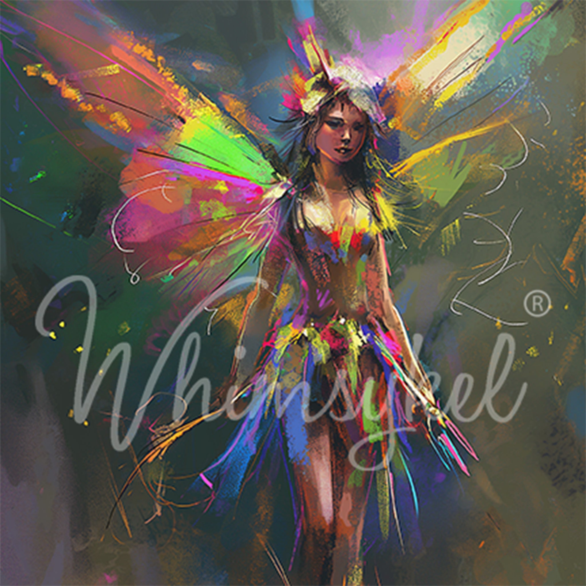 Close-up of a tissue paper design that features a beautiful digital art painting of a neon iridescent winged fairy.