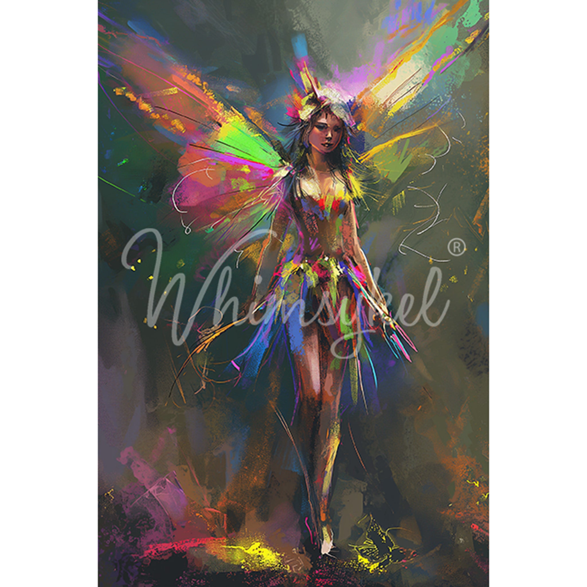 Tissue paper design that features a beautiful digital art painting of a neon iridescent winged fairy. White borders are on the sides.