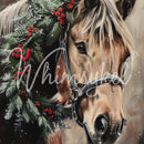 Painting of a horse with festive decorations including holly leaves and berries, branded 'Whimsykel'.