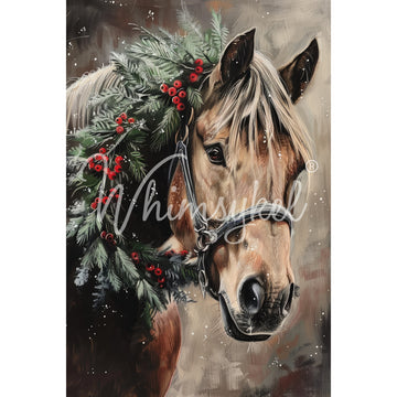 Painting of a horse with a wreath and berries, featuring the Whimsykel brand.