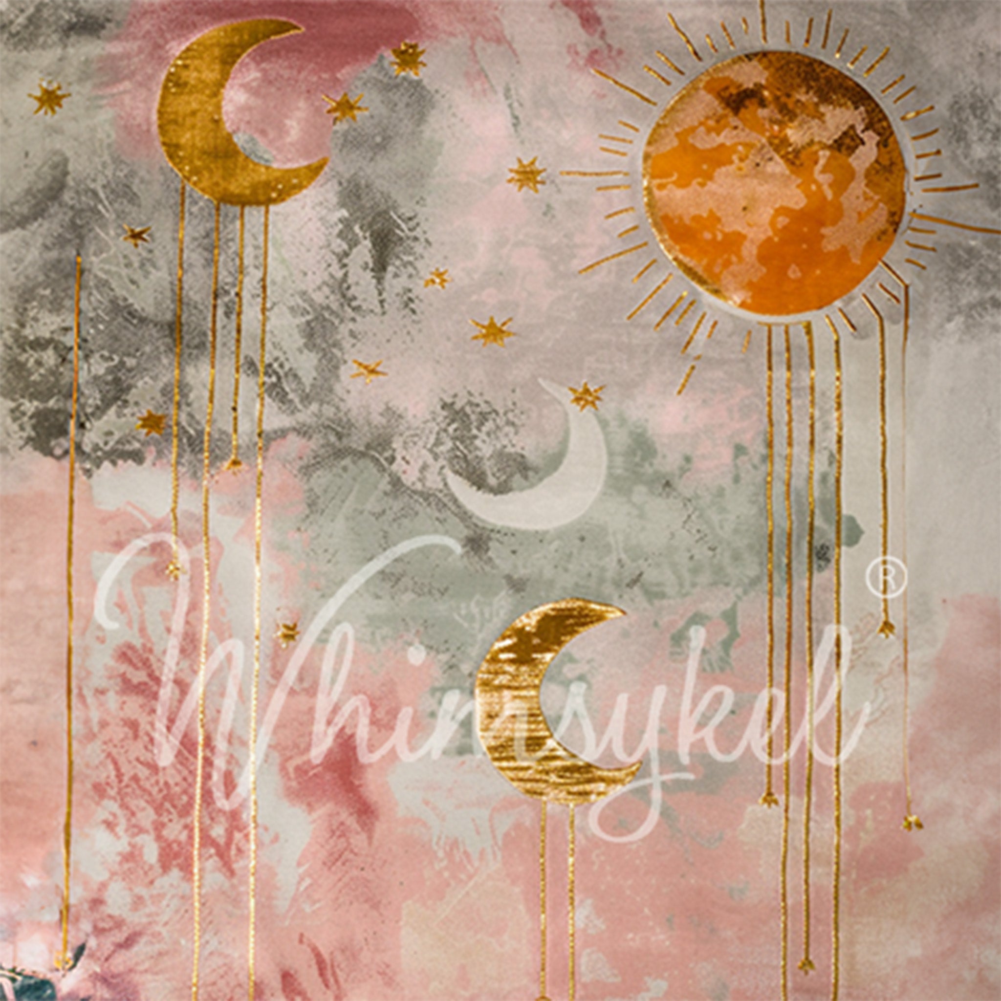 Close-up of a tissue paper design that features a bohemian style painting of a pink and blue sky filled with stars, moons, and suns dripping in gold.