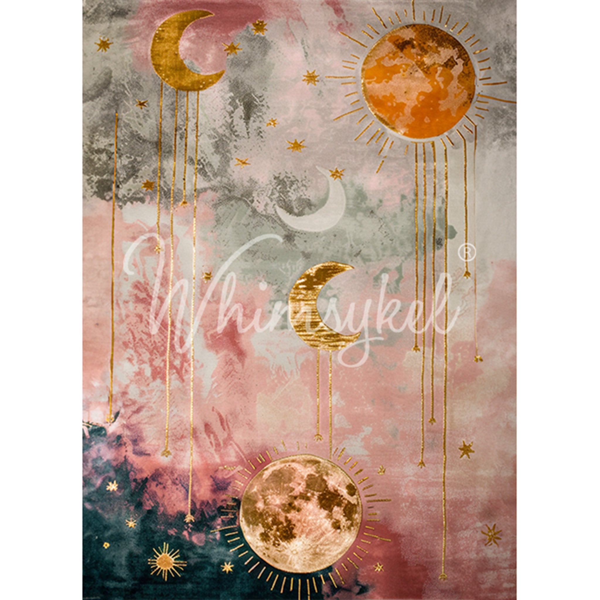 Tissue paper design that features a bohemian style painting of a pink and blue sky filled with stars, moons, and suns dripping in gold. White borders are on the sides.