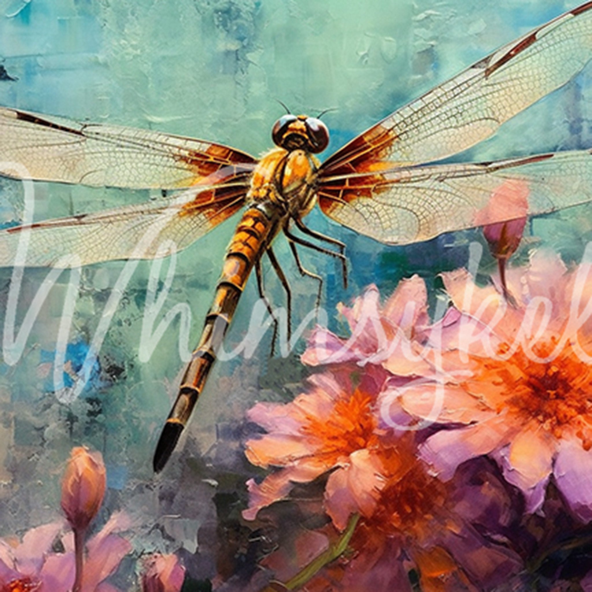 Close-up of a tissue paper featuring a large dragonfly and pink flowers against a blue watercolor background.