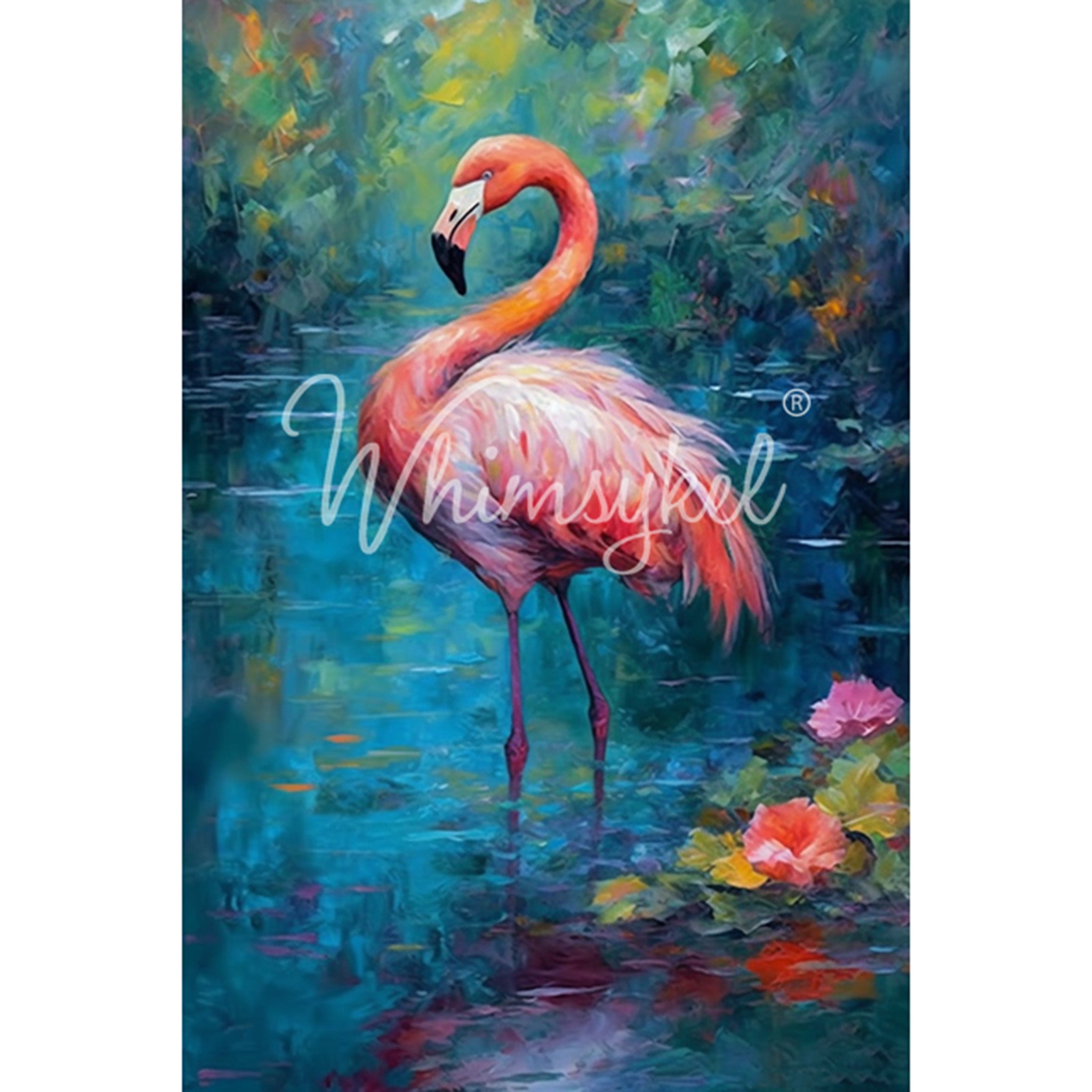 Tissue paper design that features a painting of a pink flamingo wading in blue waters with colorful flowers. White borders are on the sides.