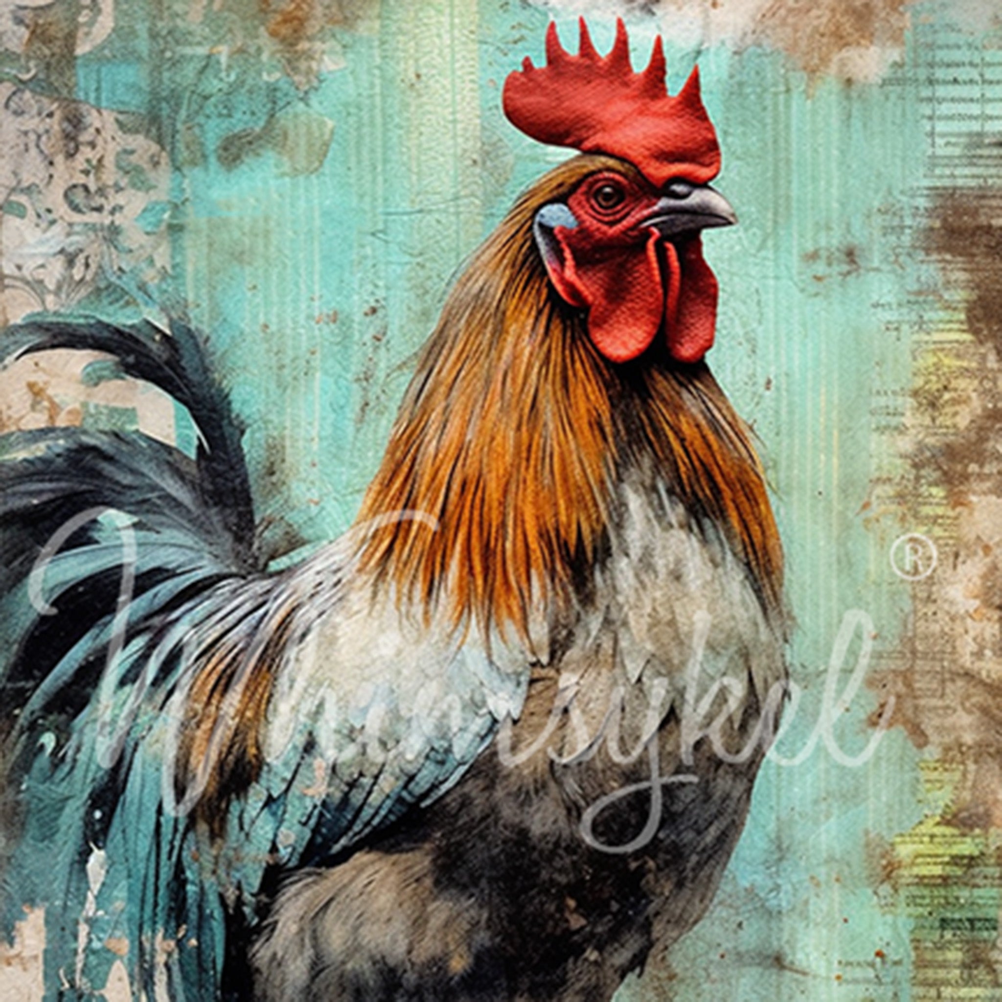 Close-up of a tissue paper featuring a grand rooster against a unique patina color background.