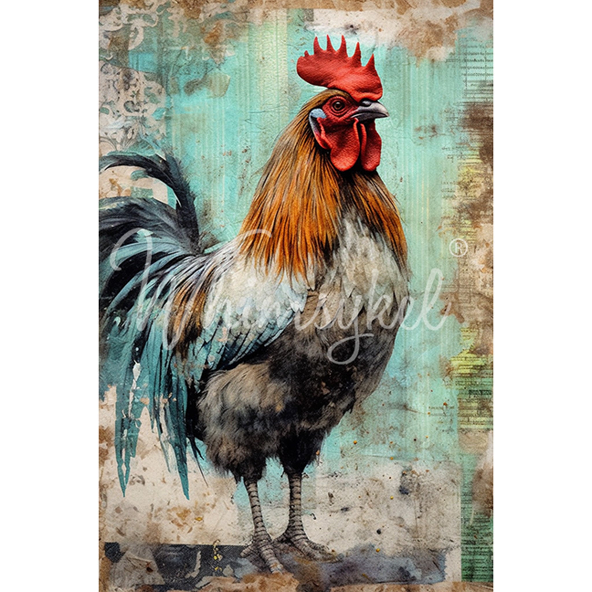 Tissue paper featuring a grand rooster against a unique patina color background. White borders are on the sides.