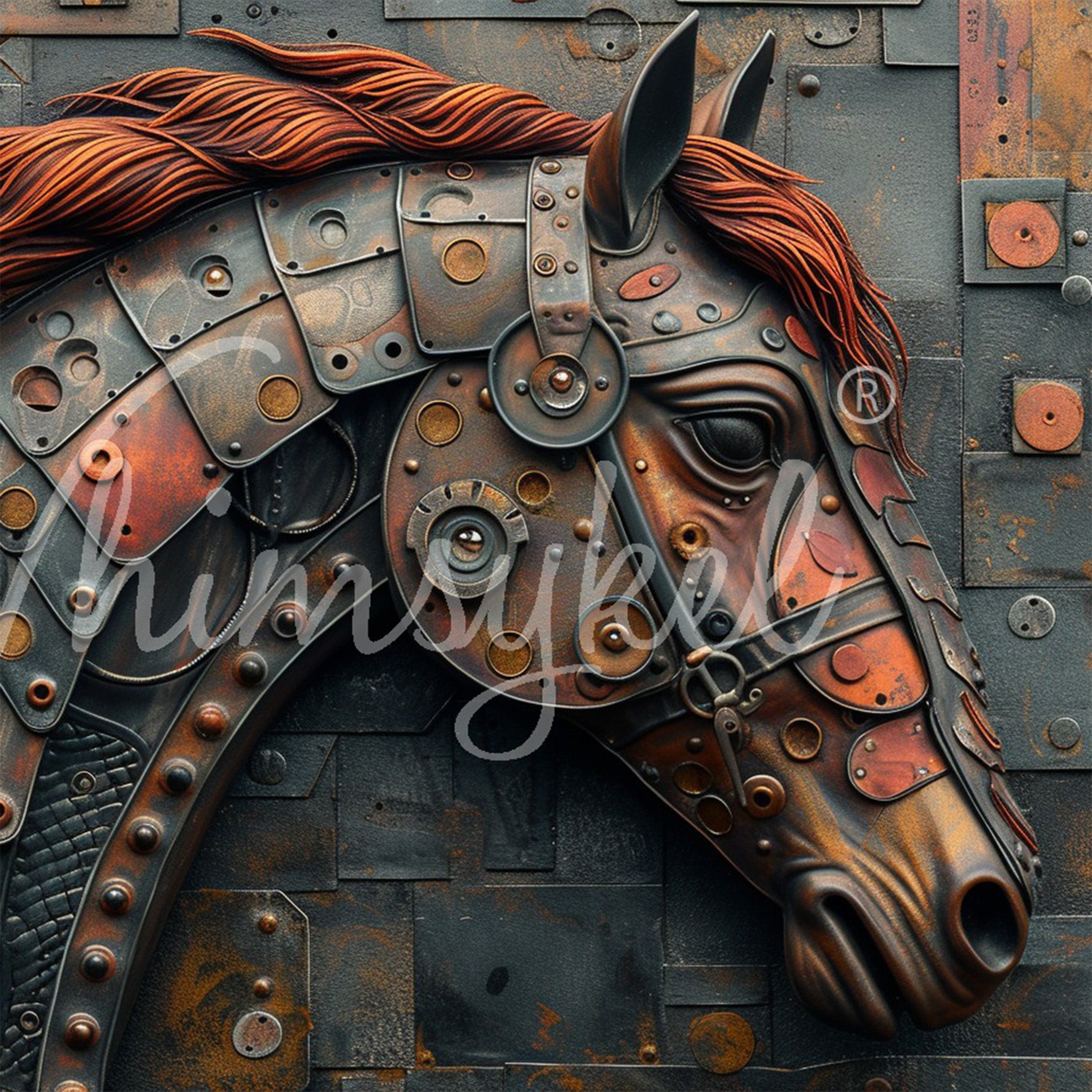 Close-up of a tissue paper design that features a steampunk horse made up of iron plates.