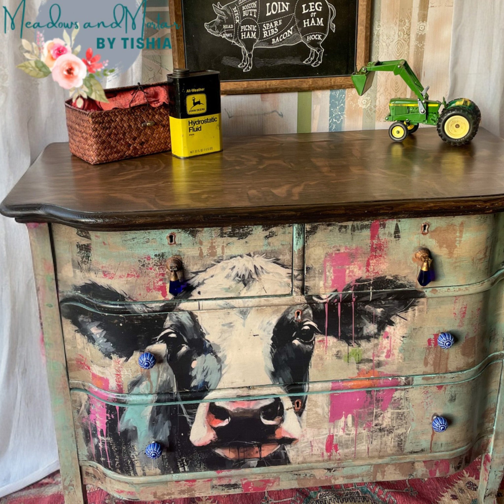 A vintage 4-drawer dresser refurbished by Meadows and Mortar by Tishia features Whimsykel's Moonique tissue paper on the front.