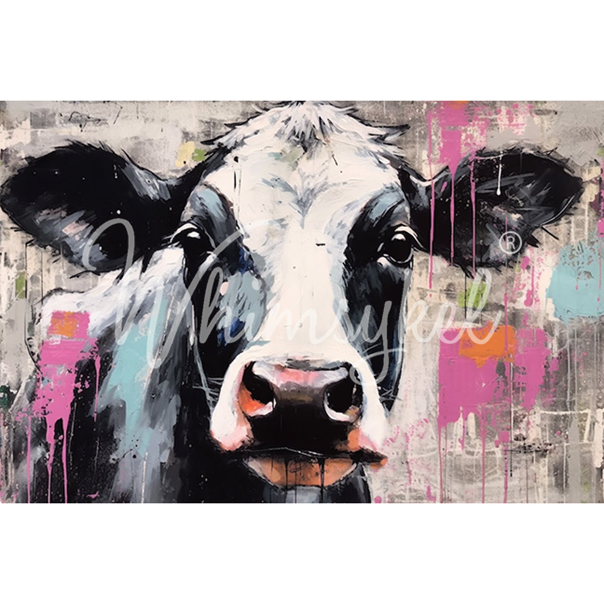 Tissue paper featuring a painting of a black and white cow with splashes of pink and blue paint. White borders are on the top and bottom.