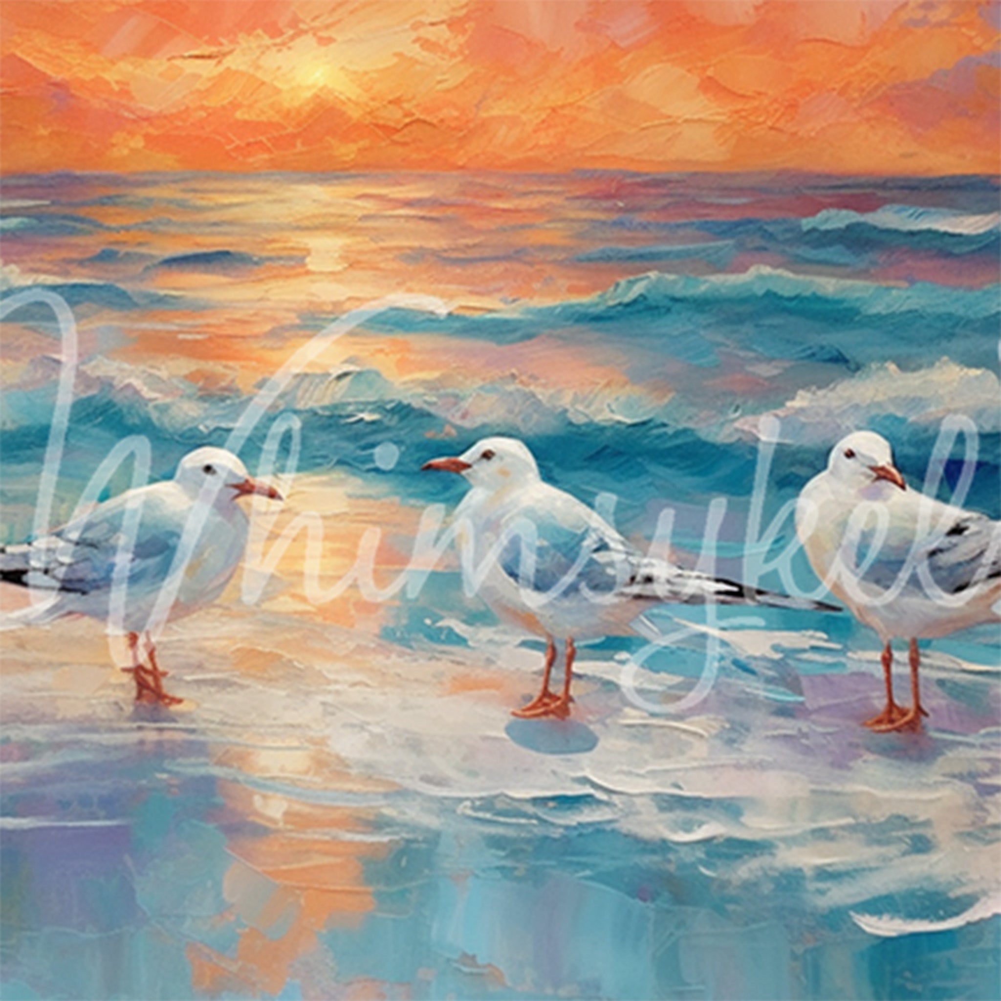 Close-up of a tissue paper design that features a playful painted scene of seagulls at sunrise wading in the waves.