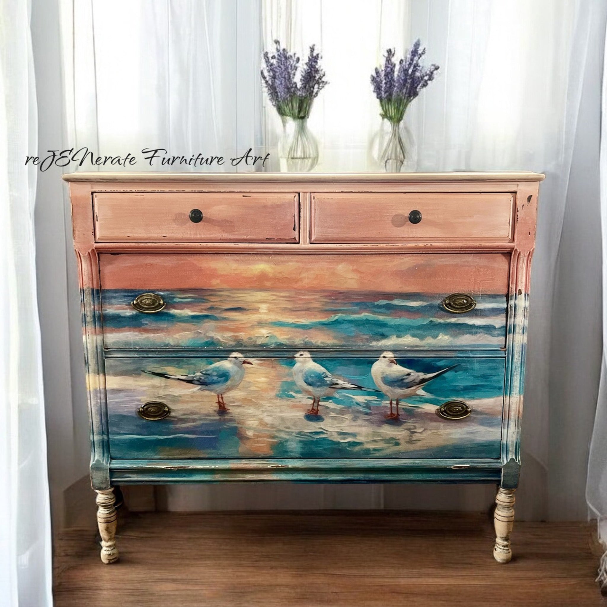 A vintage dresser refurbished by reJENerate Furniture Art features Whimsykel's Morning Chatter tissue paper on it. 