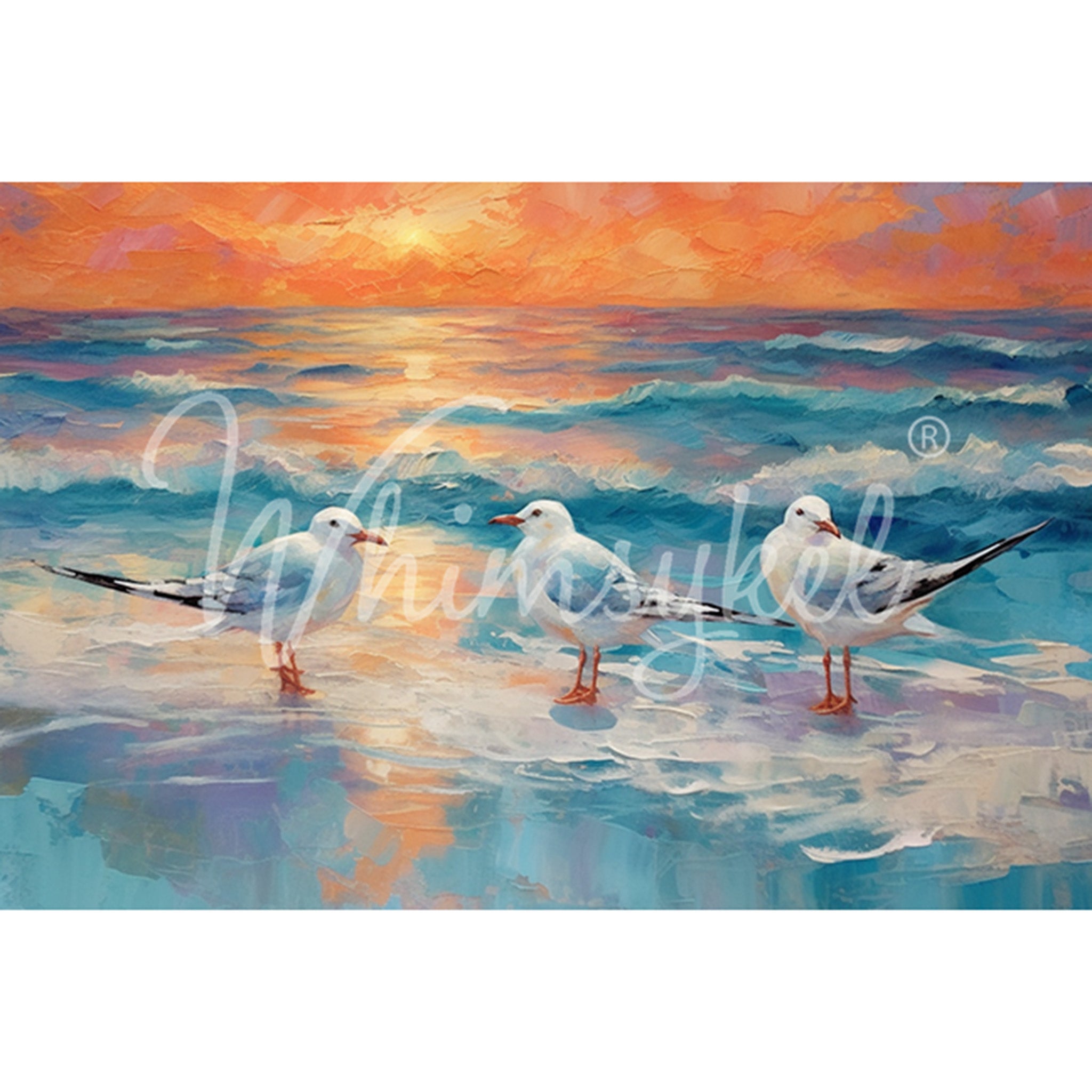 Tissue paper design that features a playful painted scene of seagulls at sunrise wading in the waves. White borders are on the top and bottom.