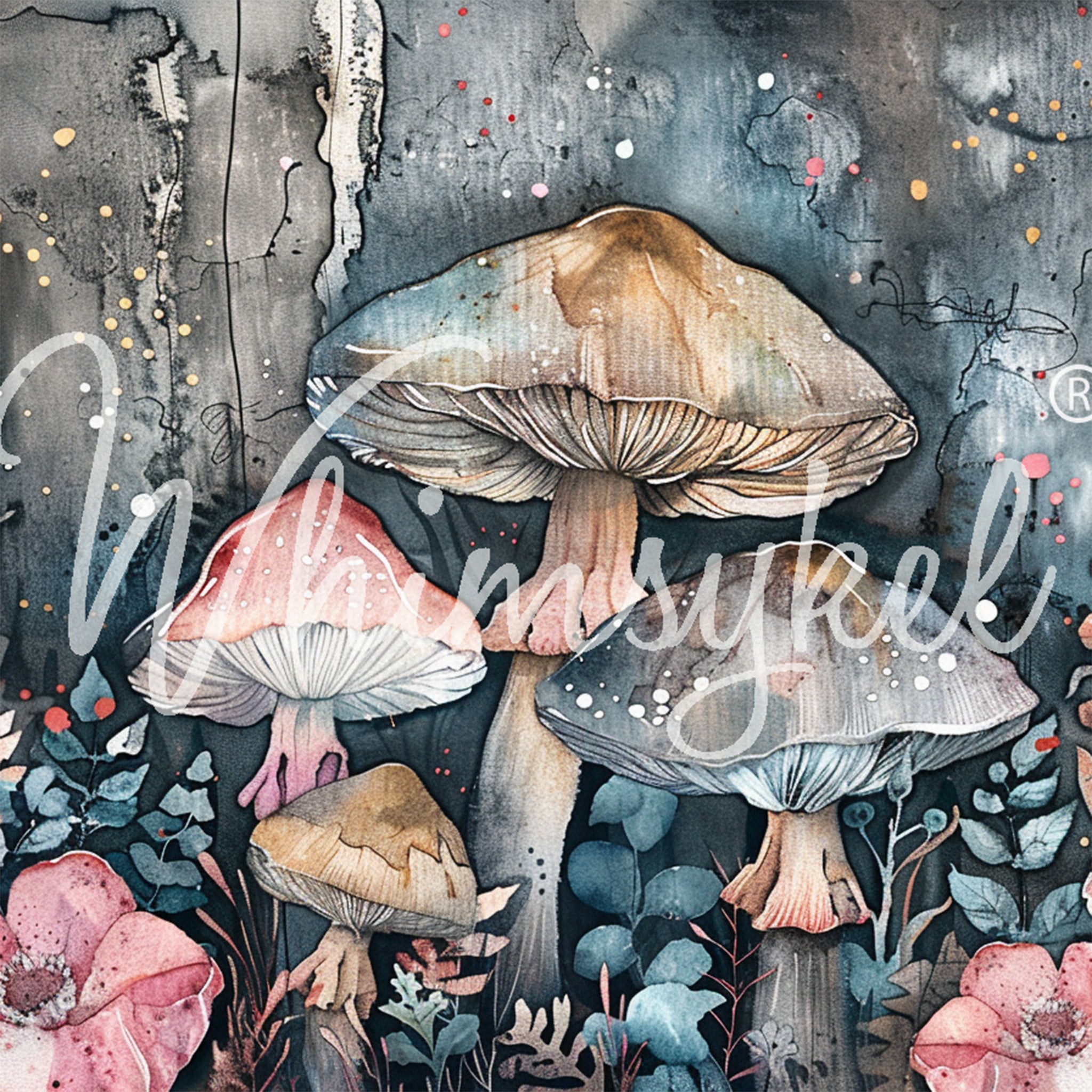 Close-up of a tissue paper design that features a watercolor painting of delightful mushrooms nestled among delicate flowers. 