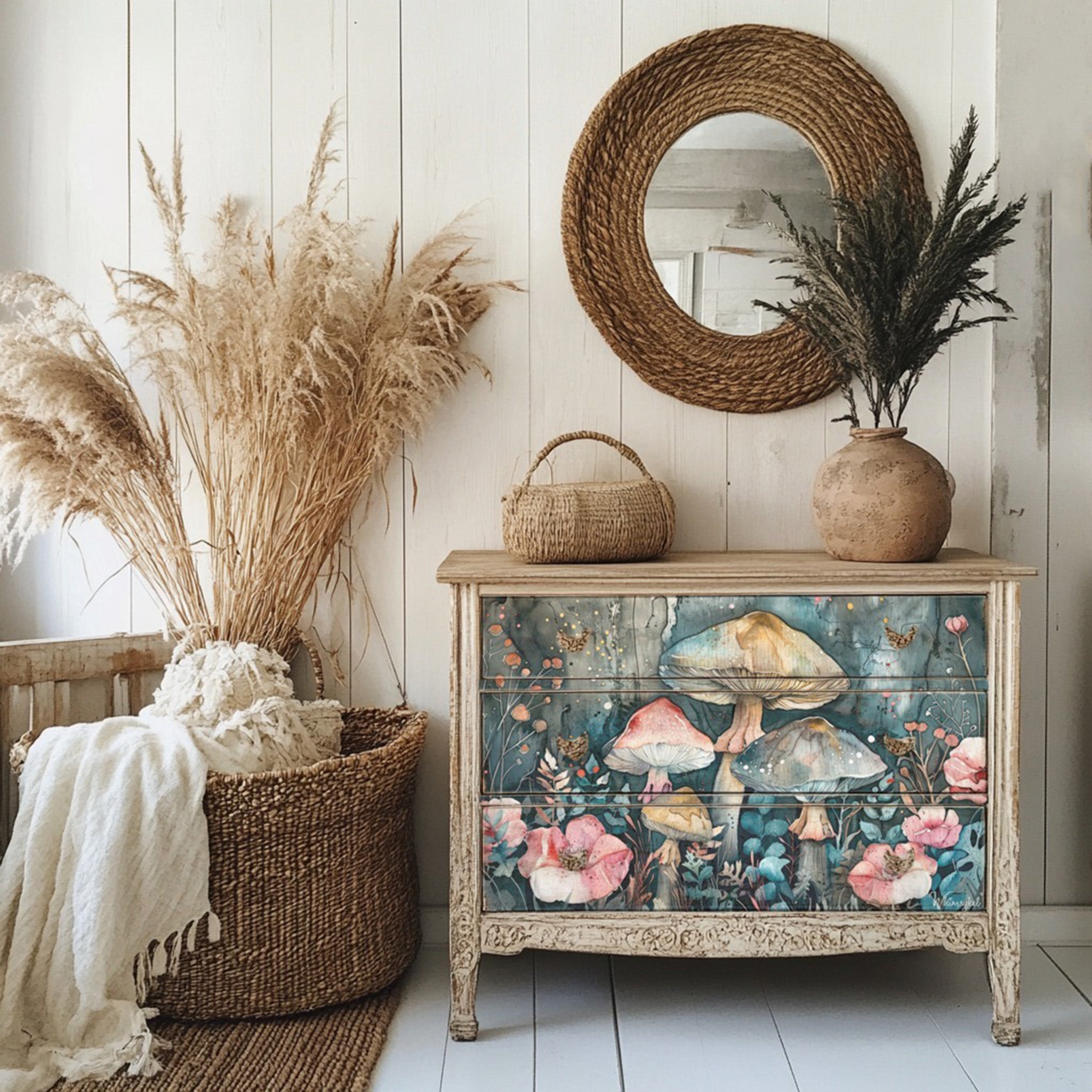 A 3-drawer dresser is painted light beige and features Whimsykel's Mushroom Serenade tissue paper on the drawers.