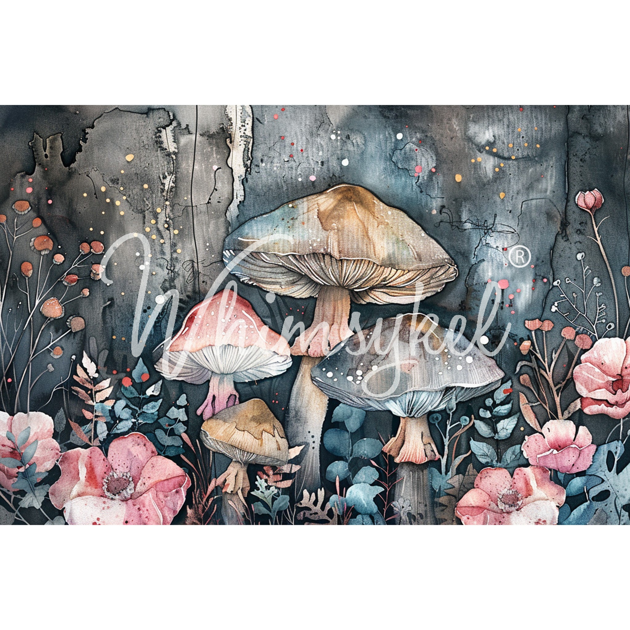 Tissue paper design that features a watercolor painting of delightful mushrooms nestled among delicate flowers. White borders are on the top and bottom.