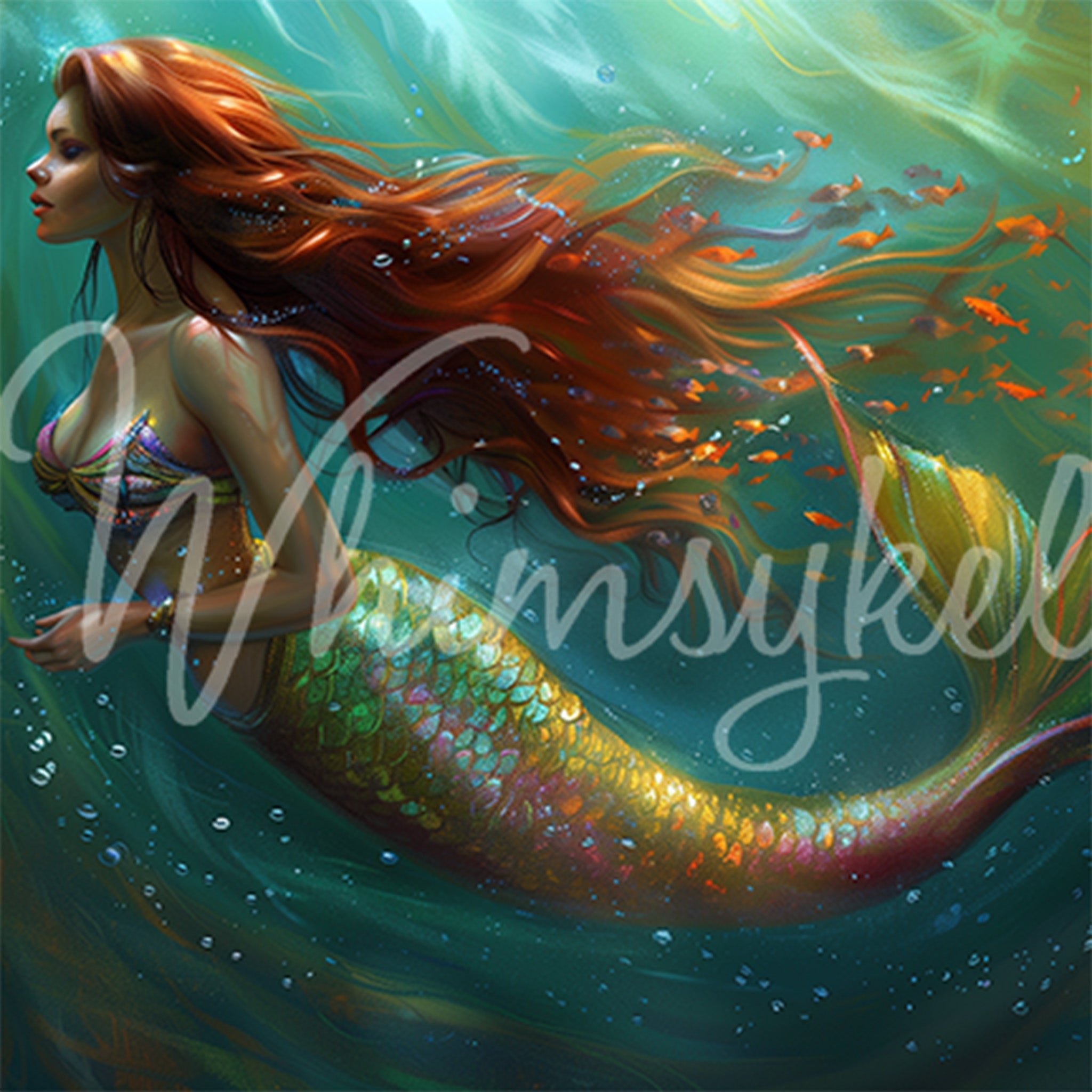 Close-up of a tissue paper design that features a beautiful iridescent finned mermaid with flowing red hair in a sea of green.