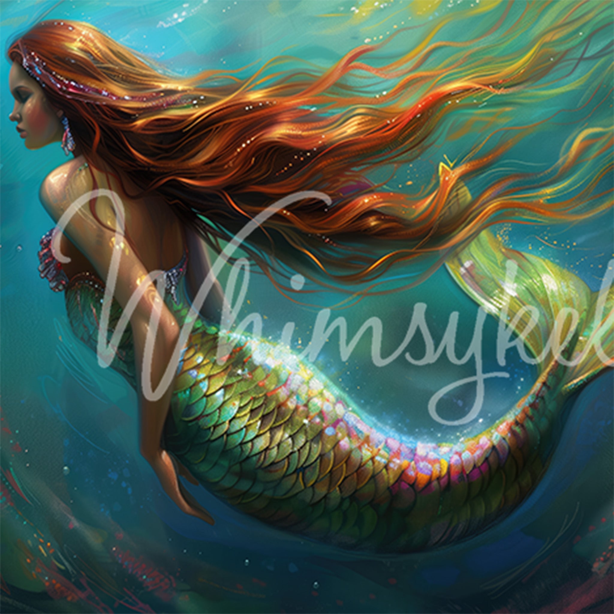 Close-up of a tissue paper design that features a beautiful iridescent finned mermaid with flowing red hair in a sea of green.