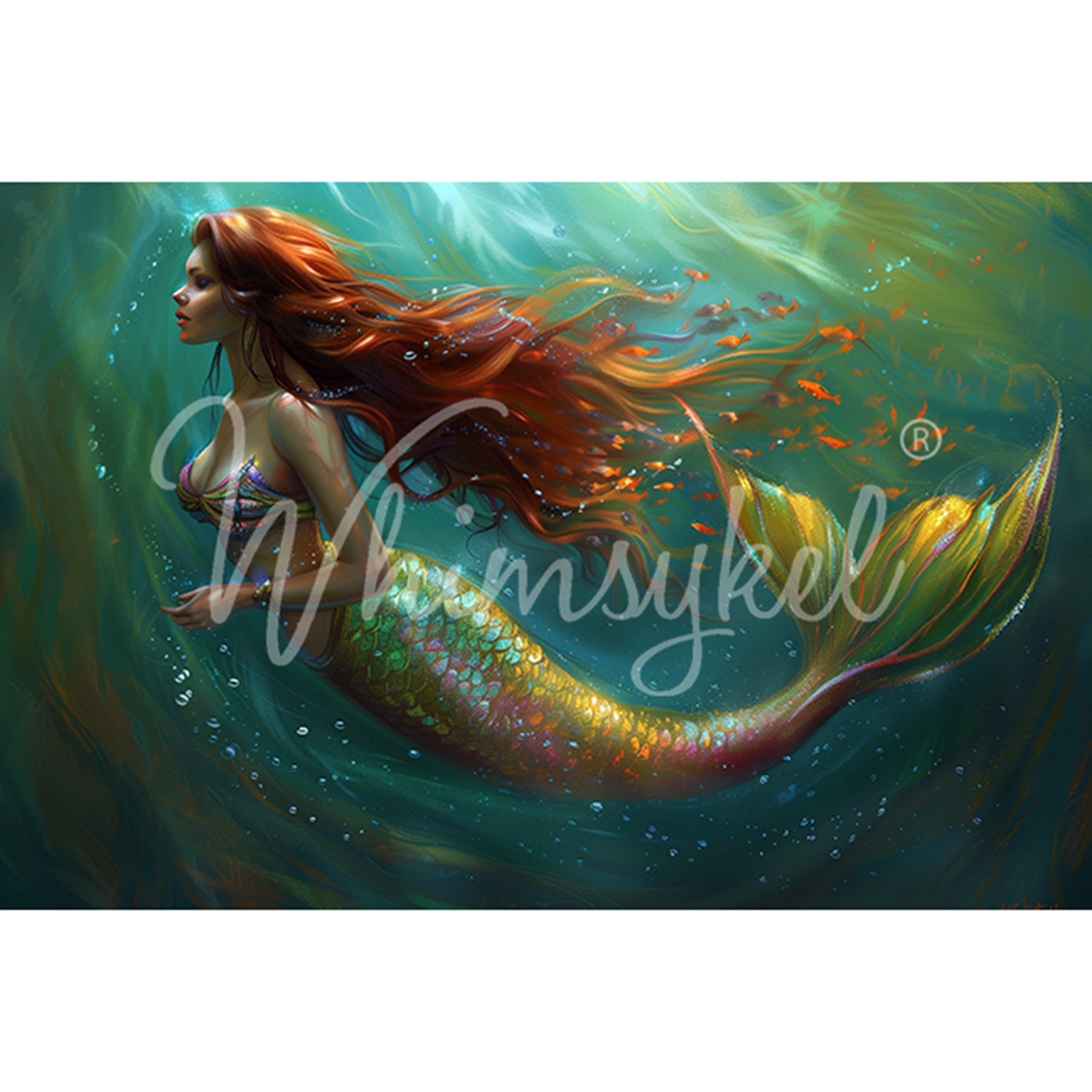 Tissue paper design that features a beautiful iridescent finned mermaid with flowing red hair in a sea of green. White borders are on the top and bottom.