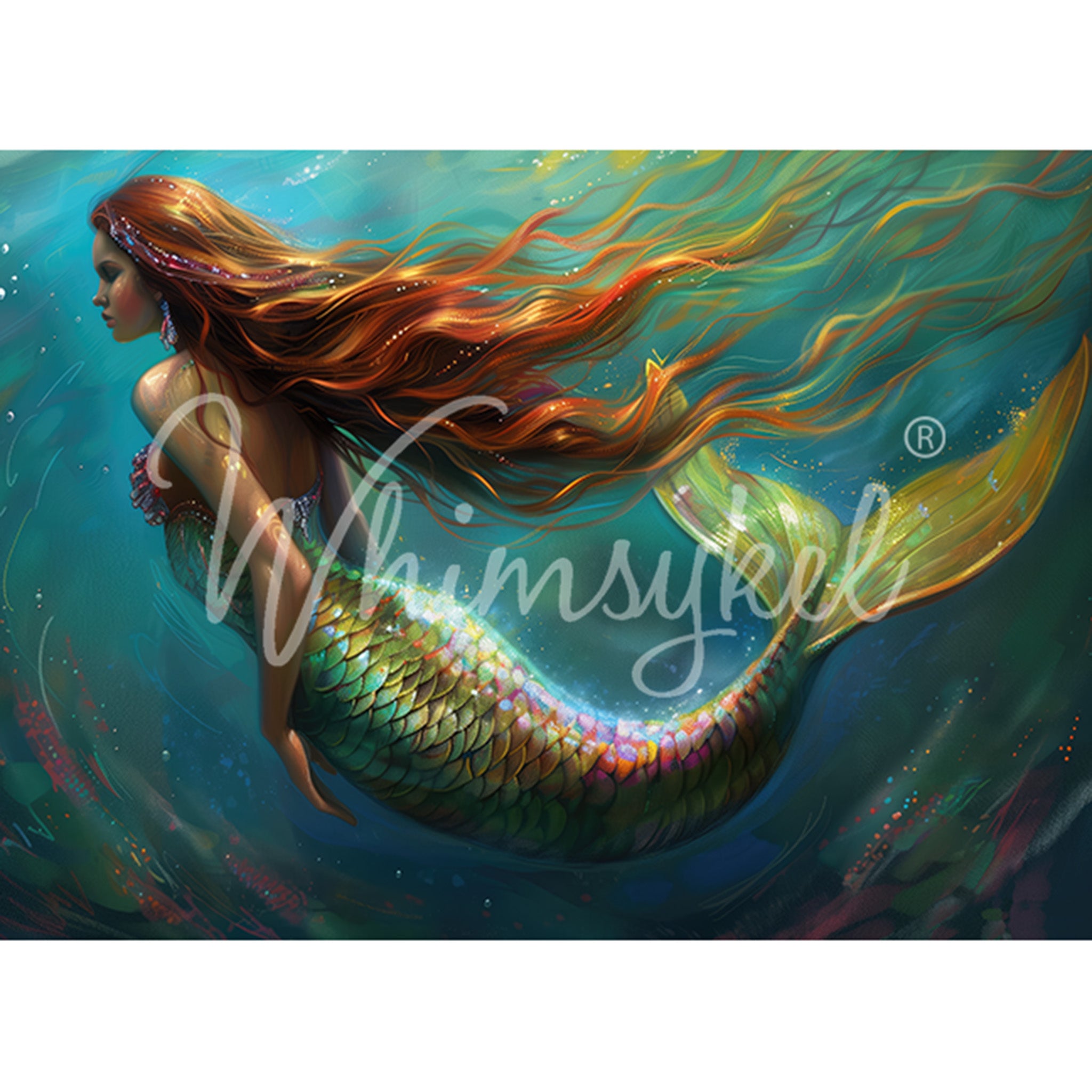 Tissue paper design that features a beautiful iridescent finned mermaid with flowing red hair in a sea of green. White borders are on the top and bottom.