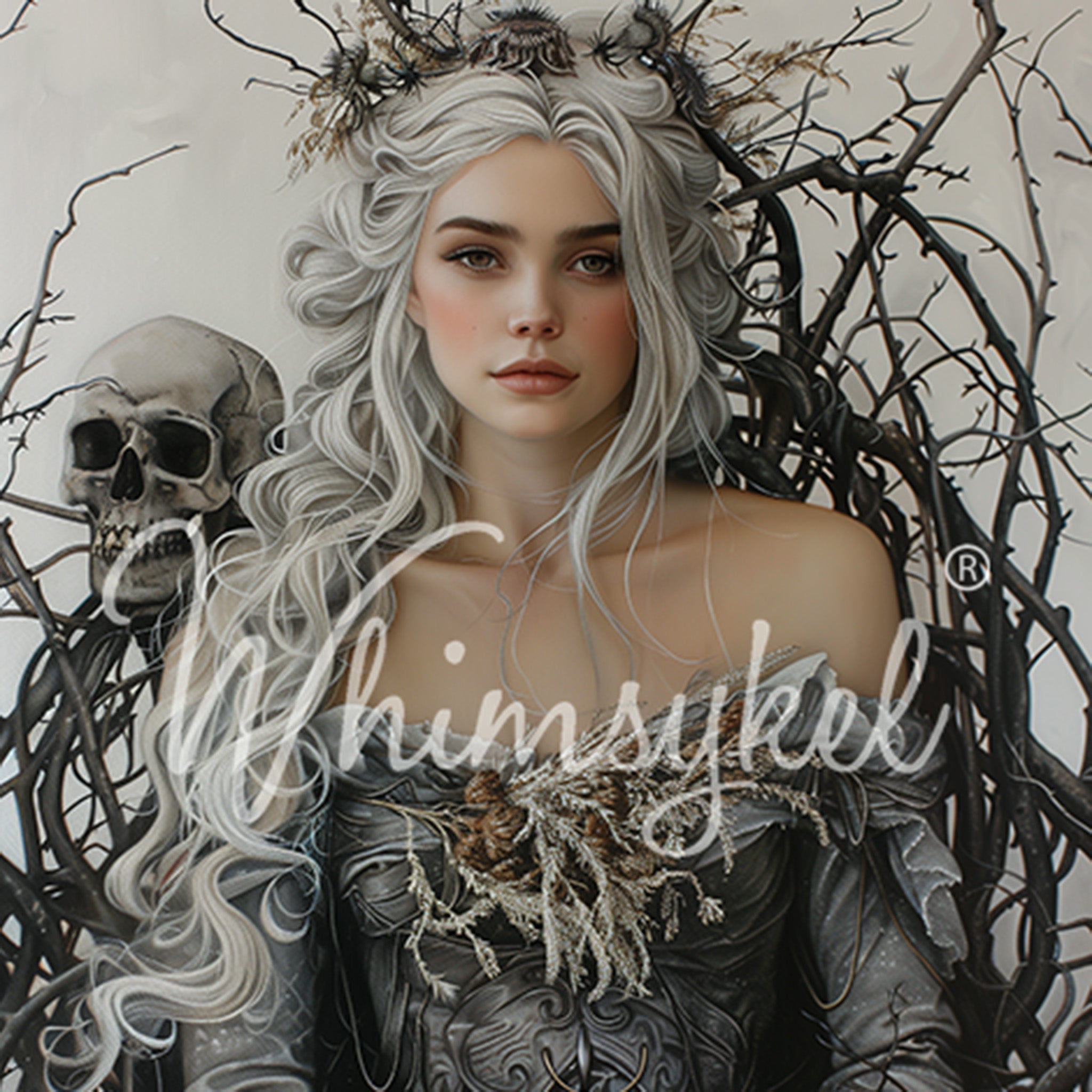 Close-up of a tissue paper design that features a young queen with her stunning white hair, seated upon a throne of branches, thorns, and a fierce skull.